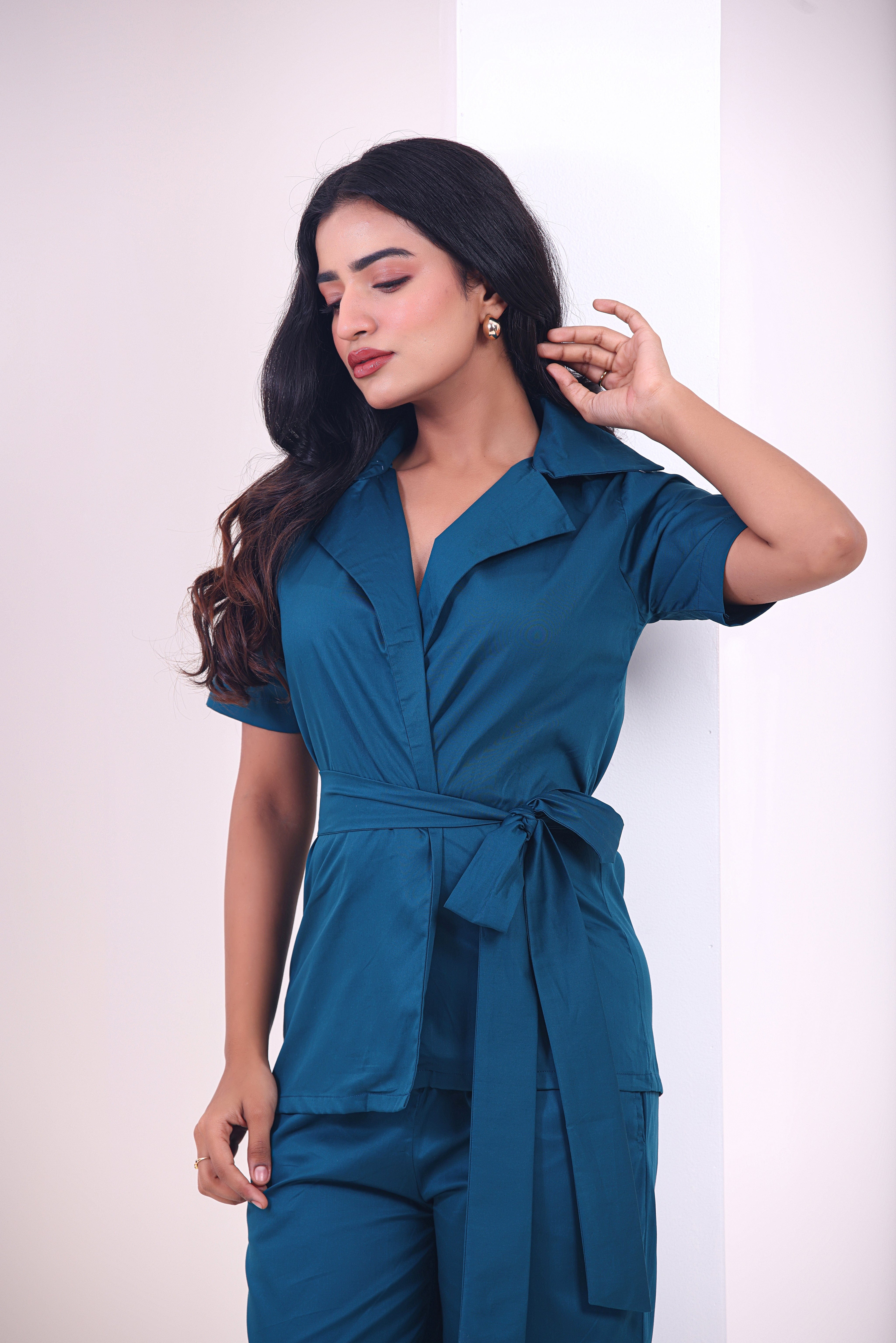 Crossover Kimono Waistcoat Set - Sapphire