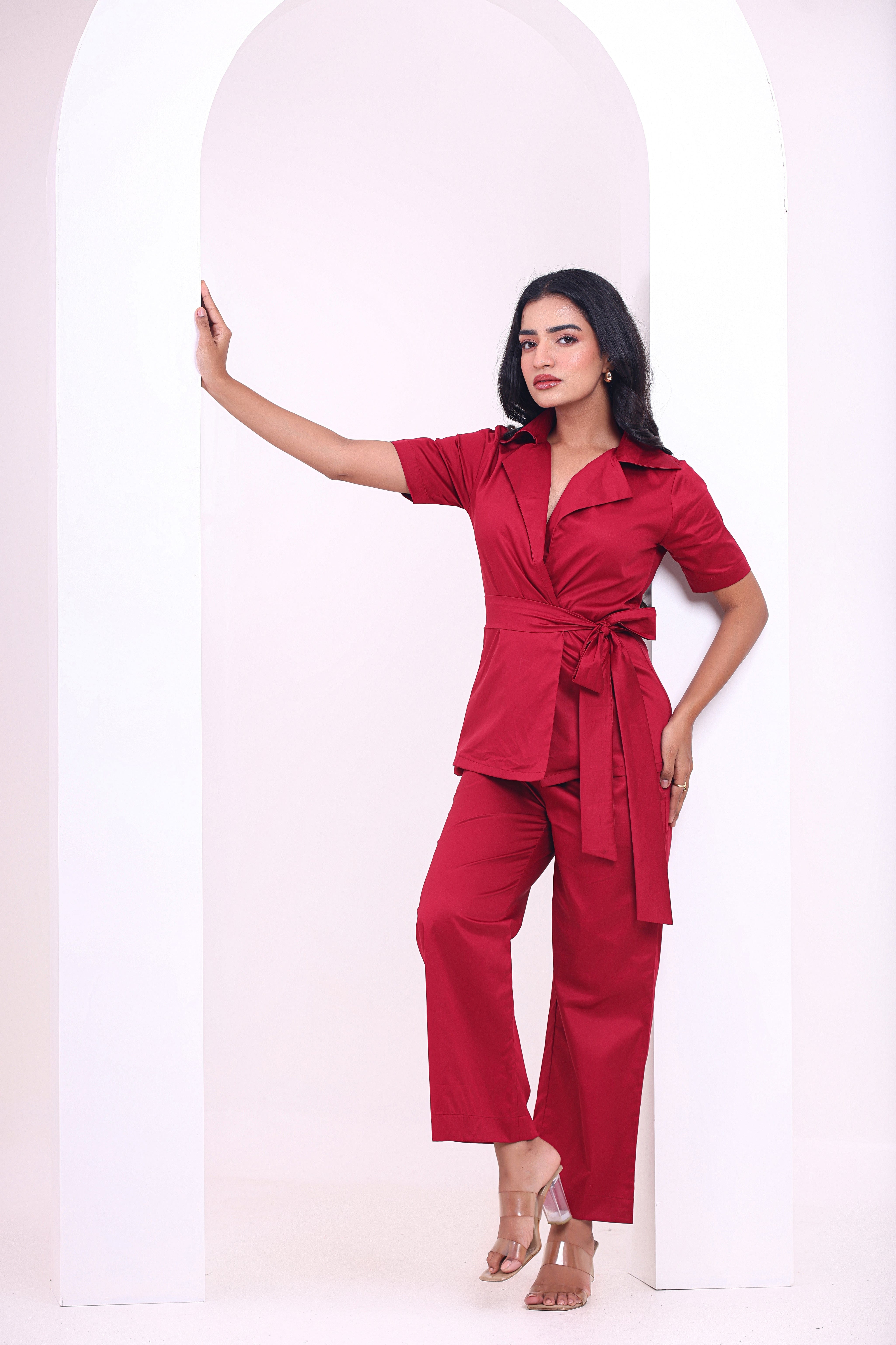 Crossover Kimono Waistcoat Set - Red