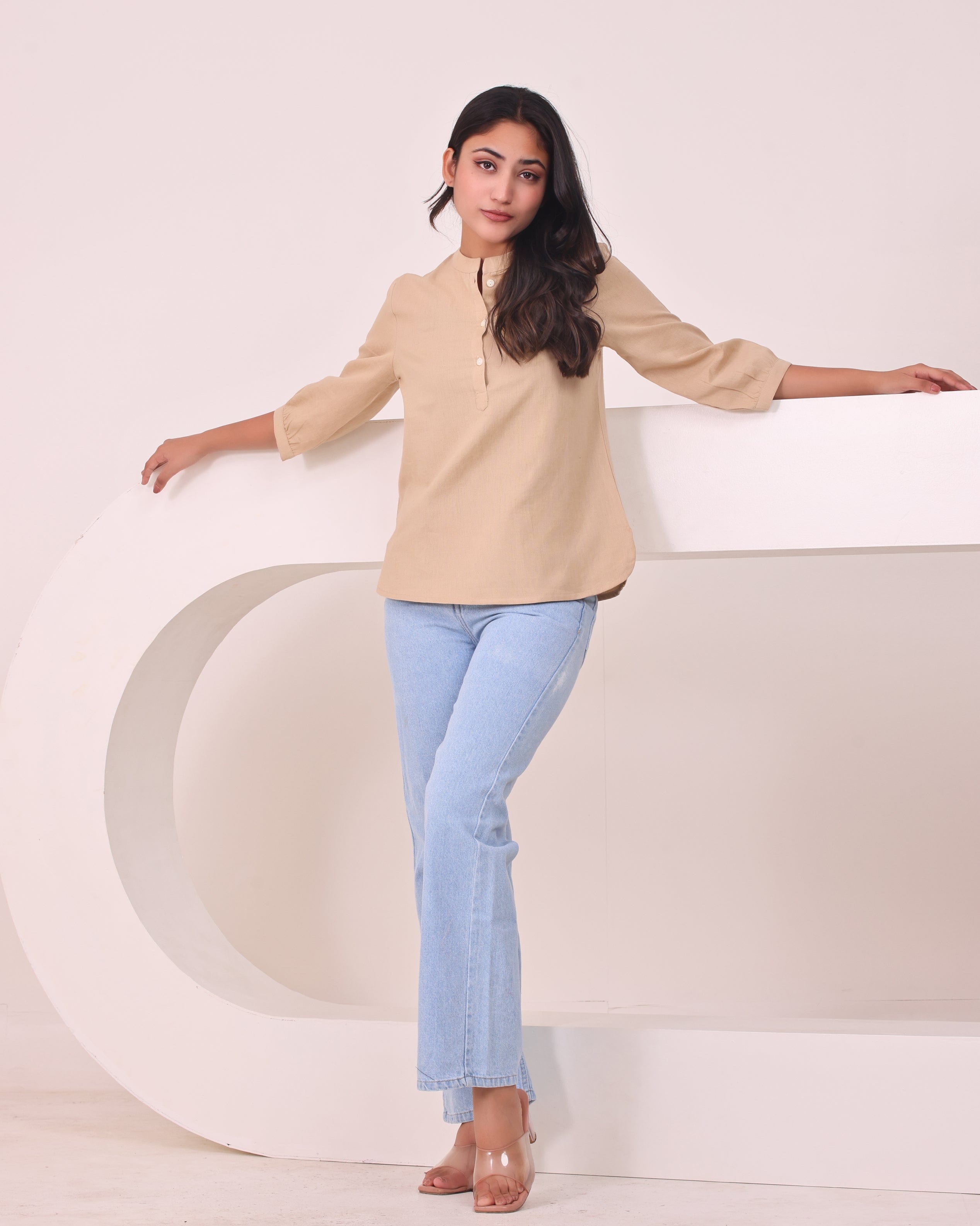 Short Linen Kurta - Khaki