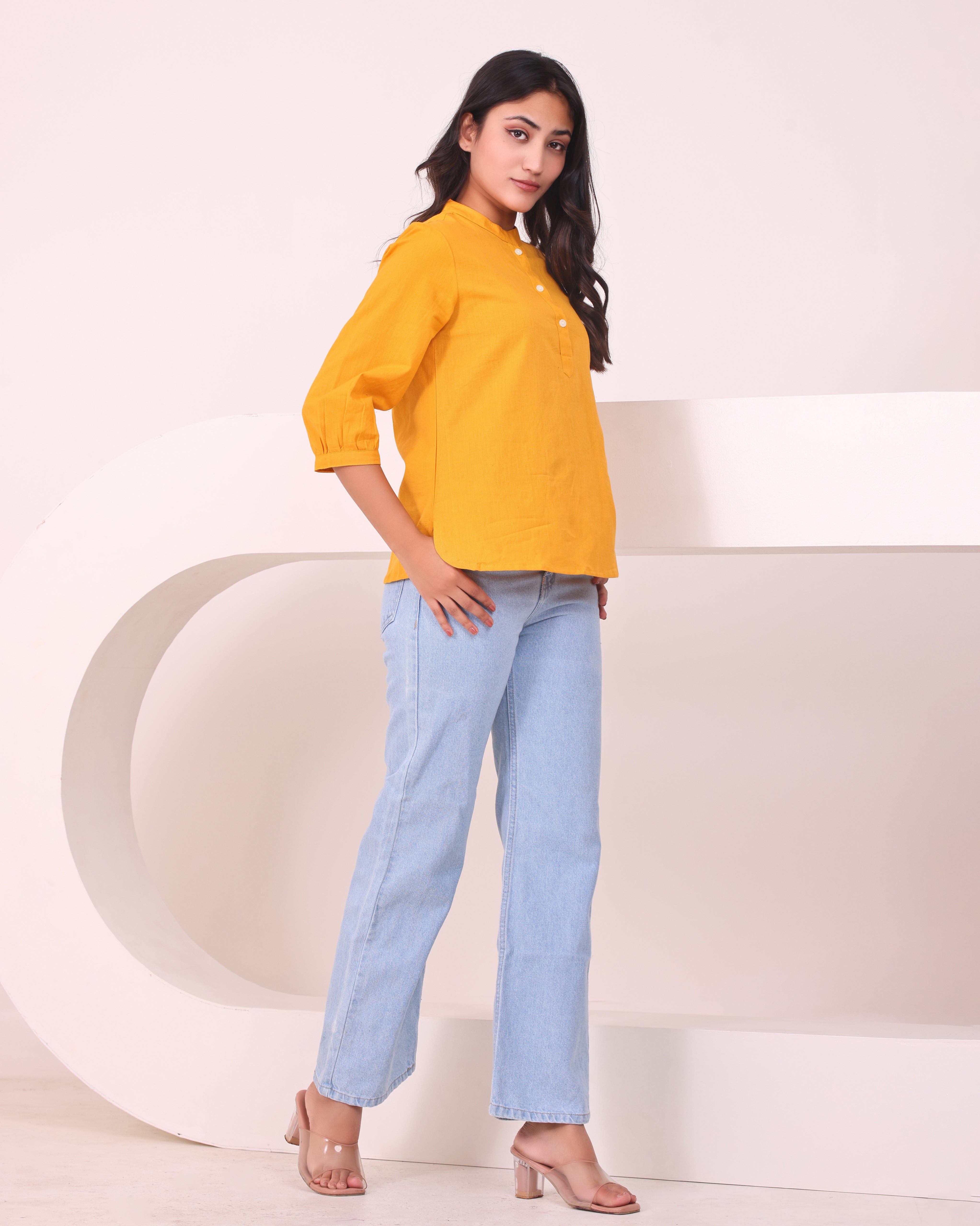Short Linen Kurta - Yellow