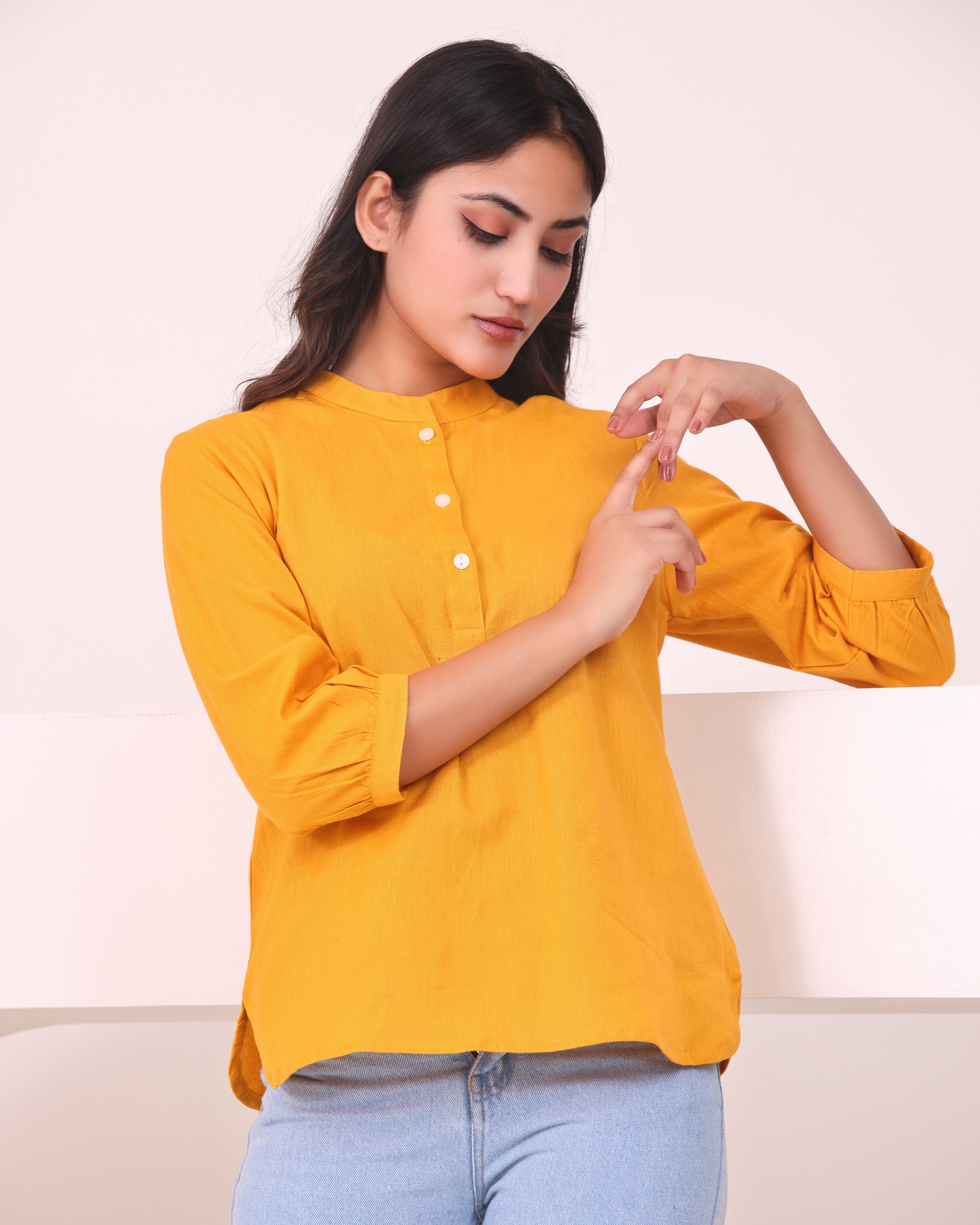 Short Linen Kurta - Yellow