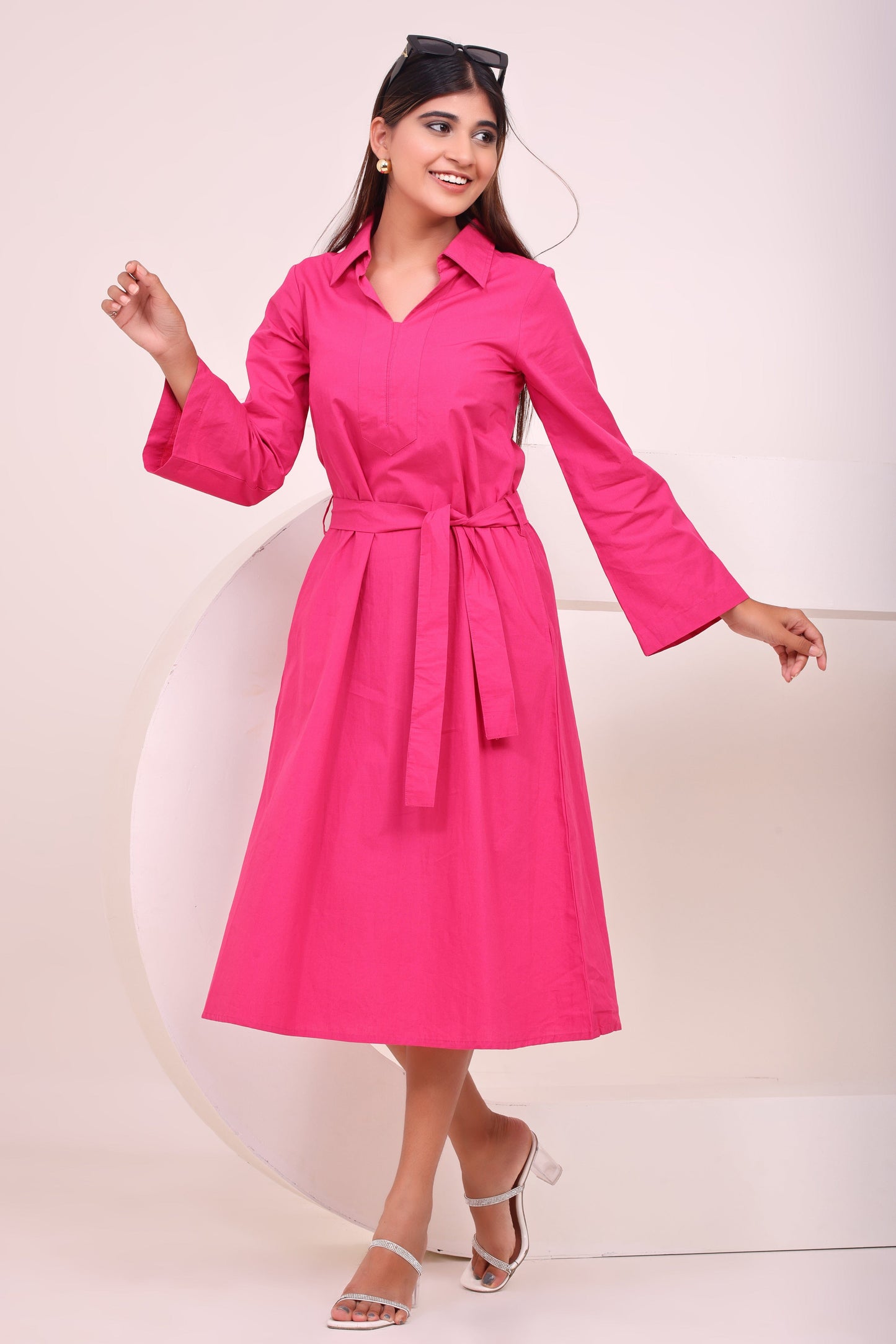 Classic Belted Tunic Dress - Pink