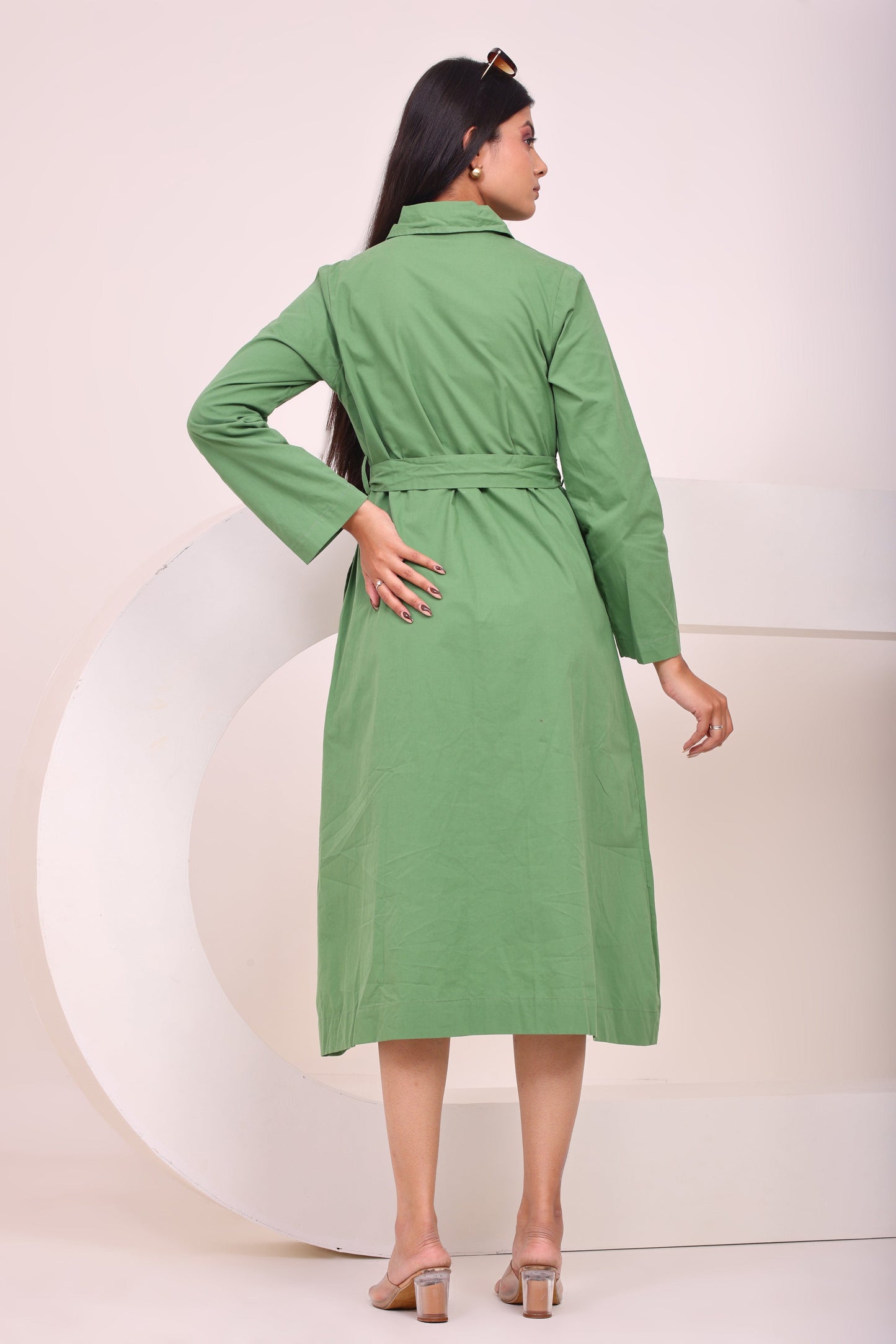 Classic Belted Shirt Dress - Sage Green