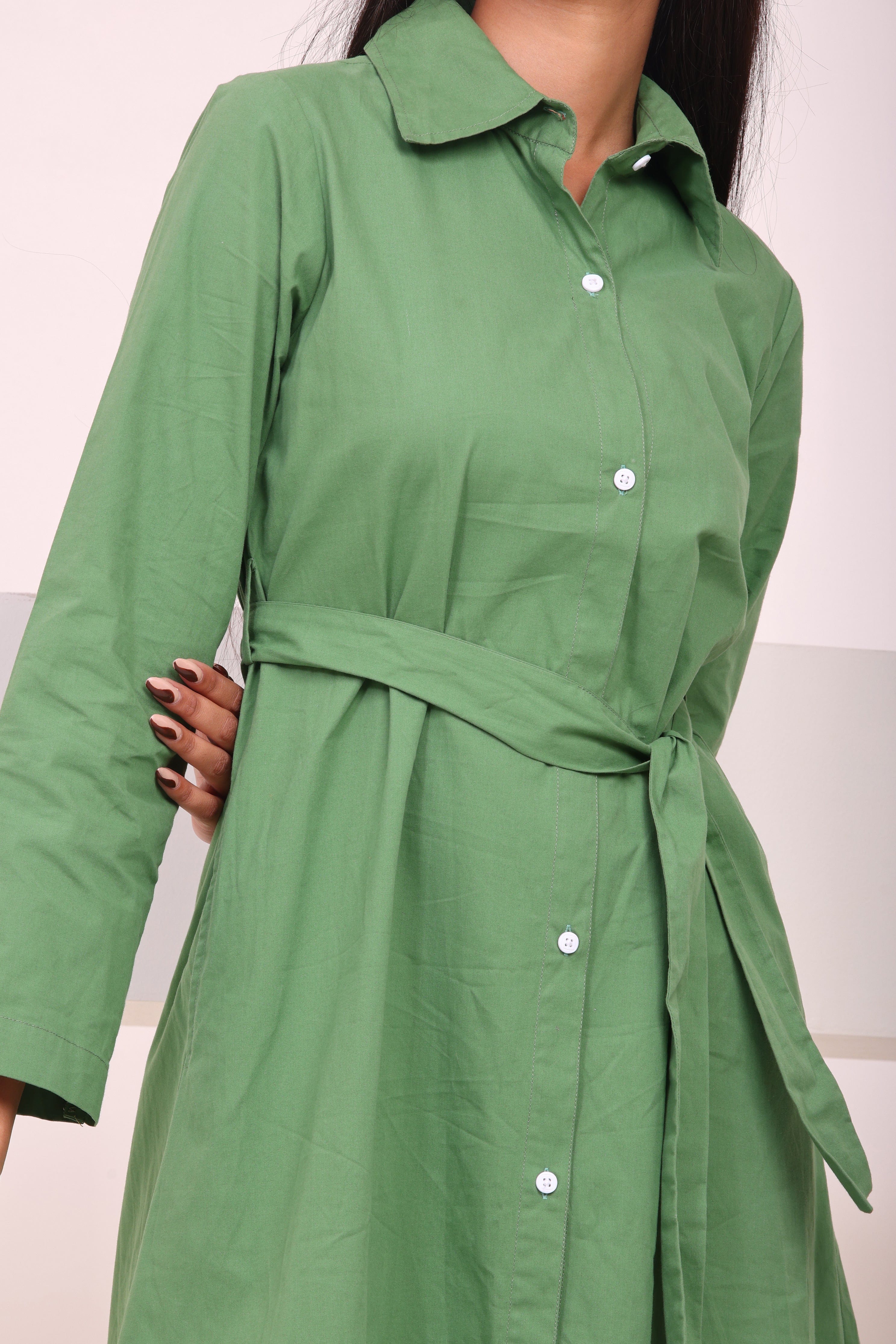 Classic Belted Shirt Dress - Sage Green
