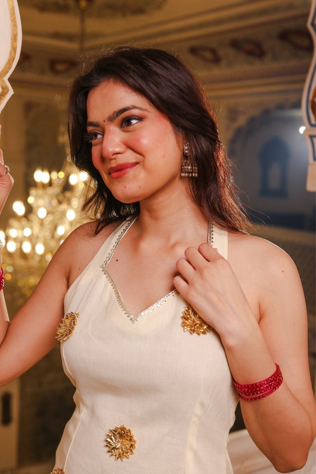 bebo cotton halter gotapatti kurti with necktie- cream