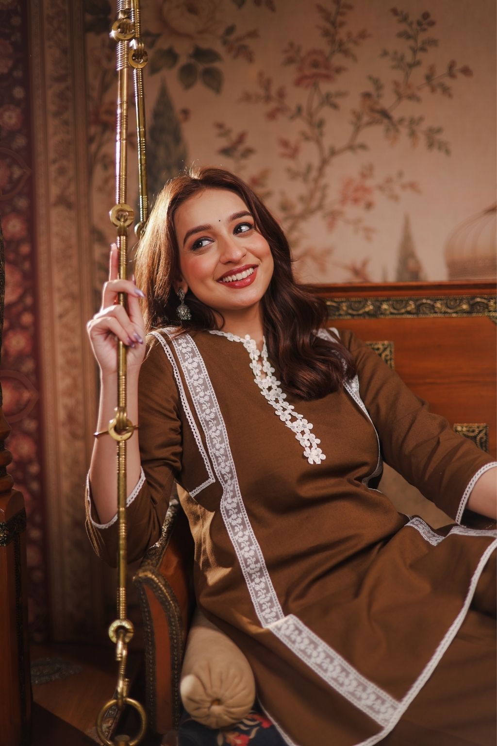 Meher cotton linen lace co ord set- brown