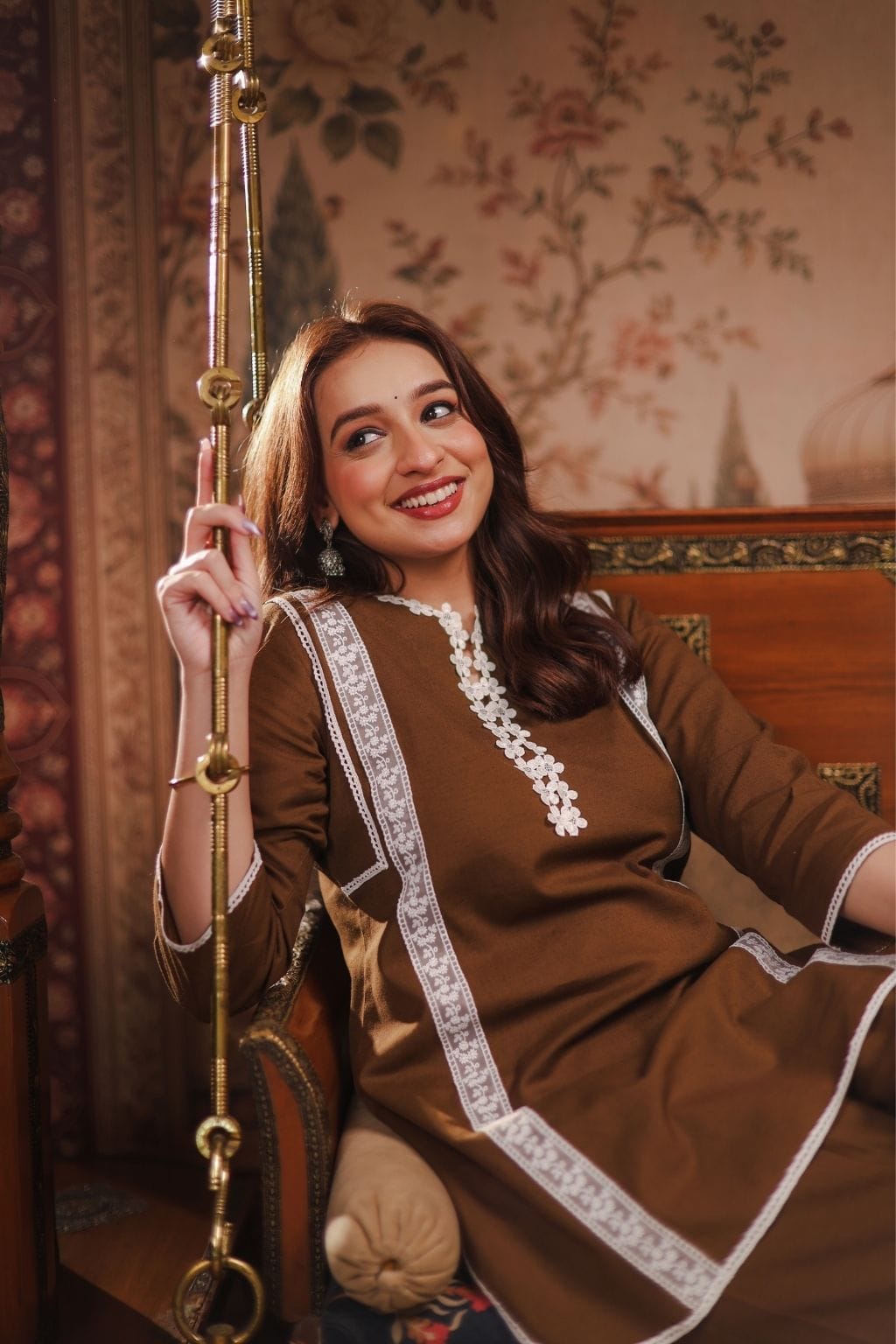 Meher cotton linen lace co ord set- brown