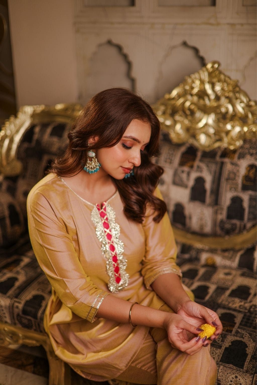 Champagne silk short kurti with tulip pants