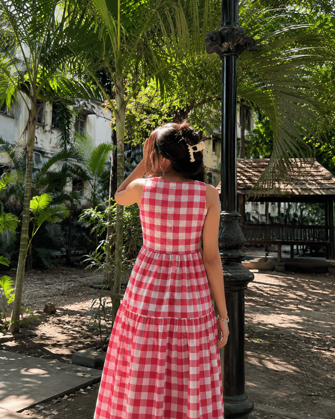 Classic A-Line Gingham Dress - White & Red