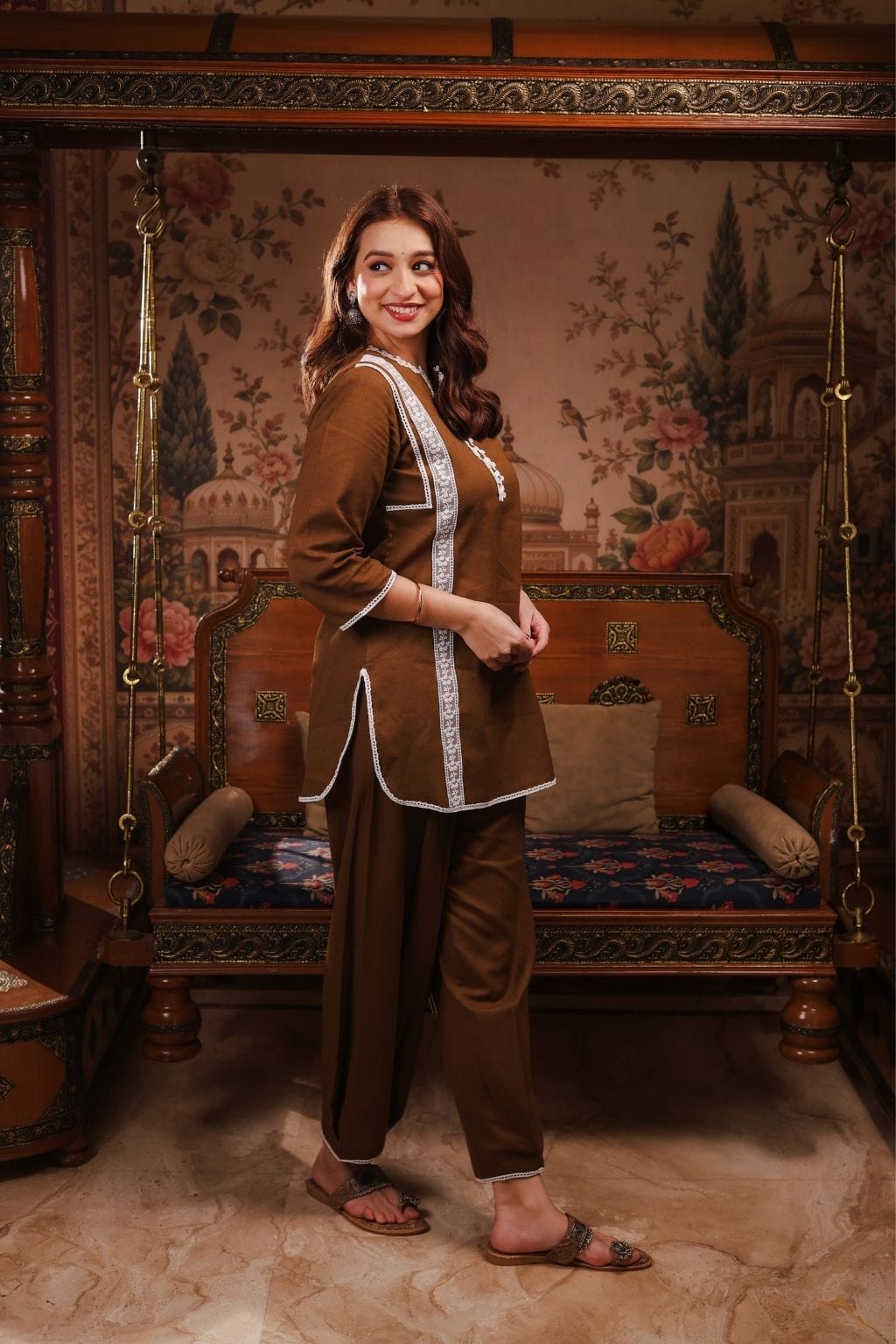 Meher cotton linen lace co ord set- brown