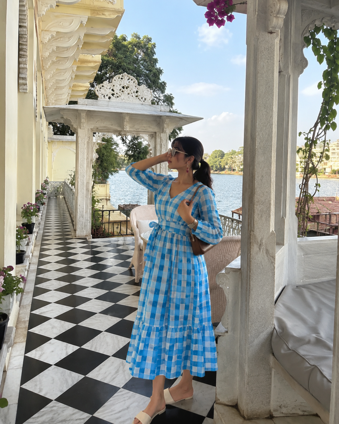 Gingham Full Dress - Blue