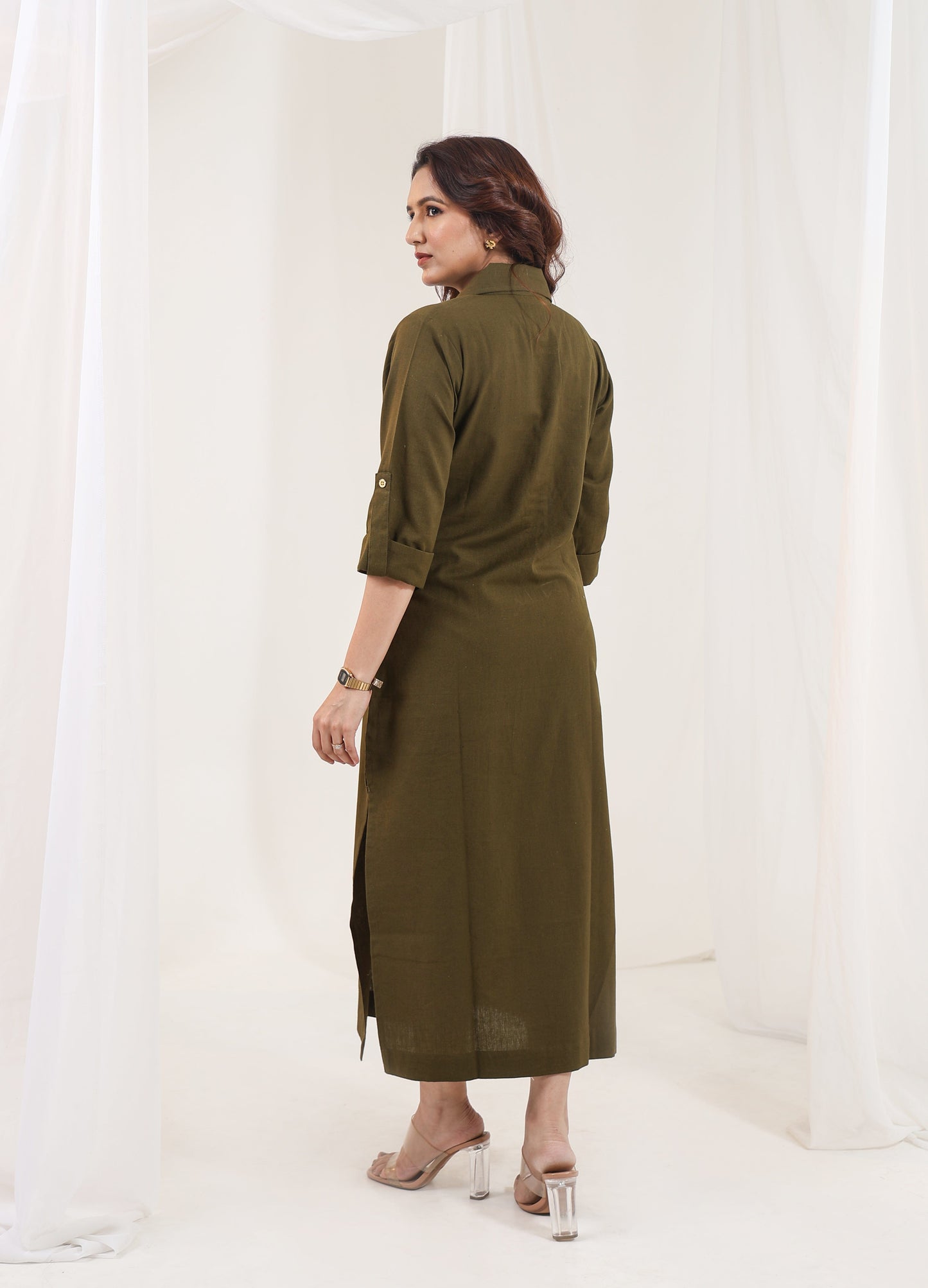 Structured Button Dress - Olive Green
