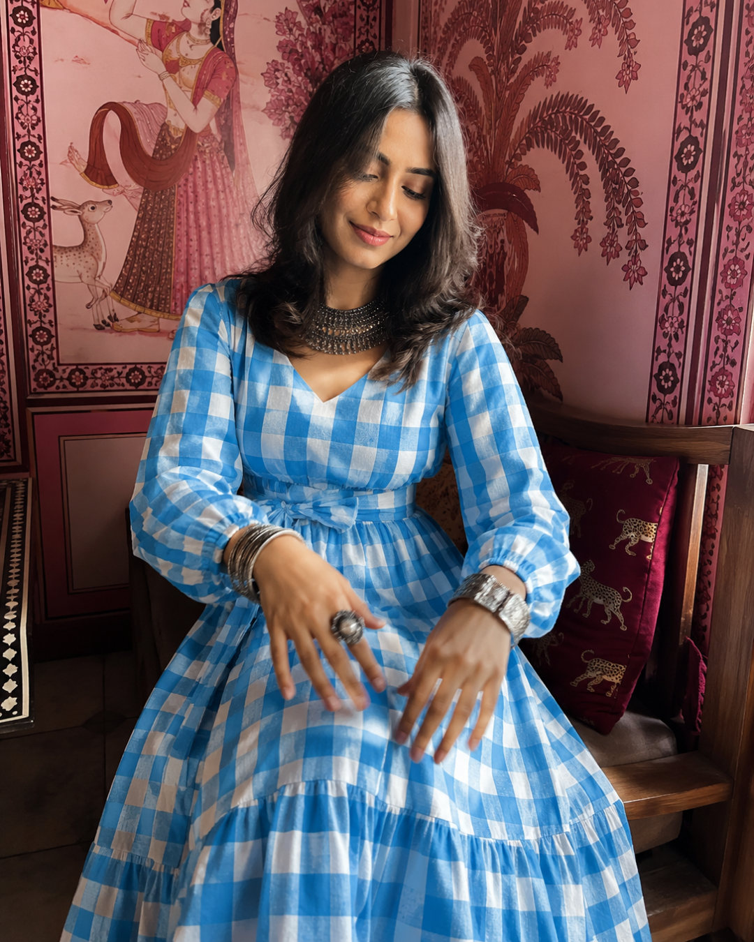 Gingham Full Dress - Blue