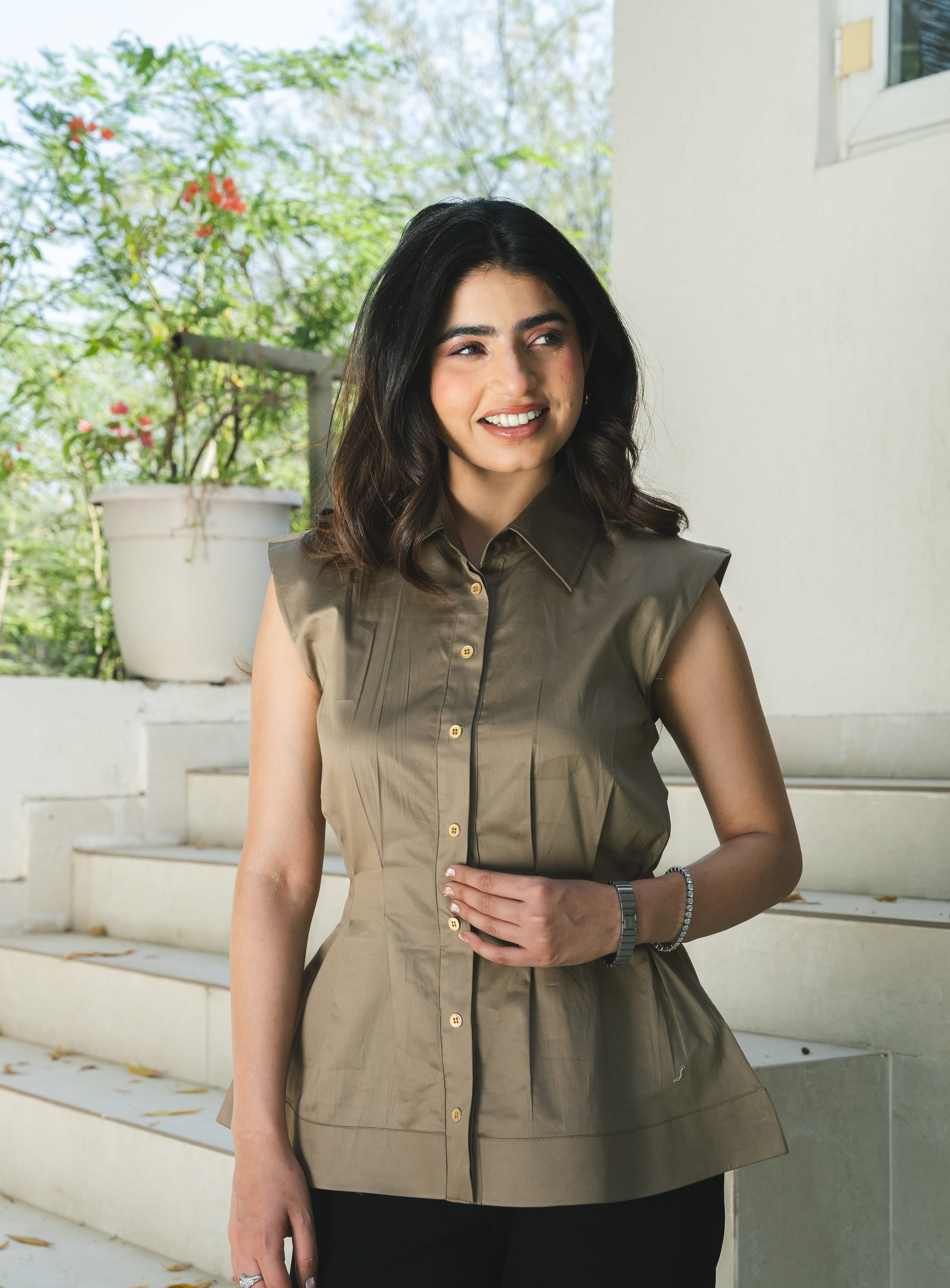 Cotton Satin Clinched Waist Top - Muted Brown