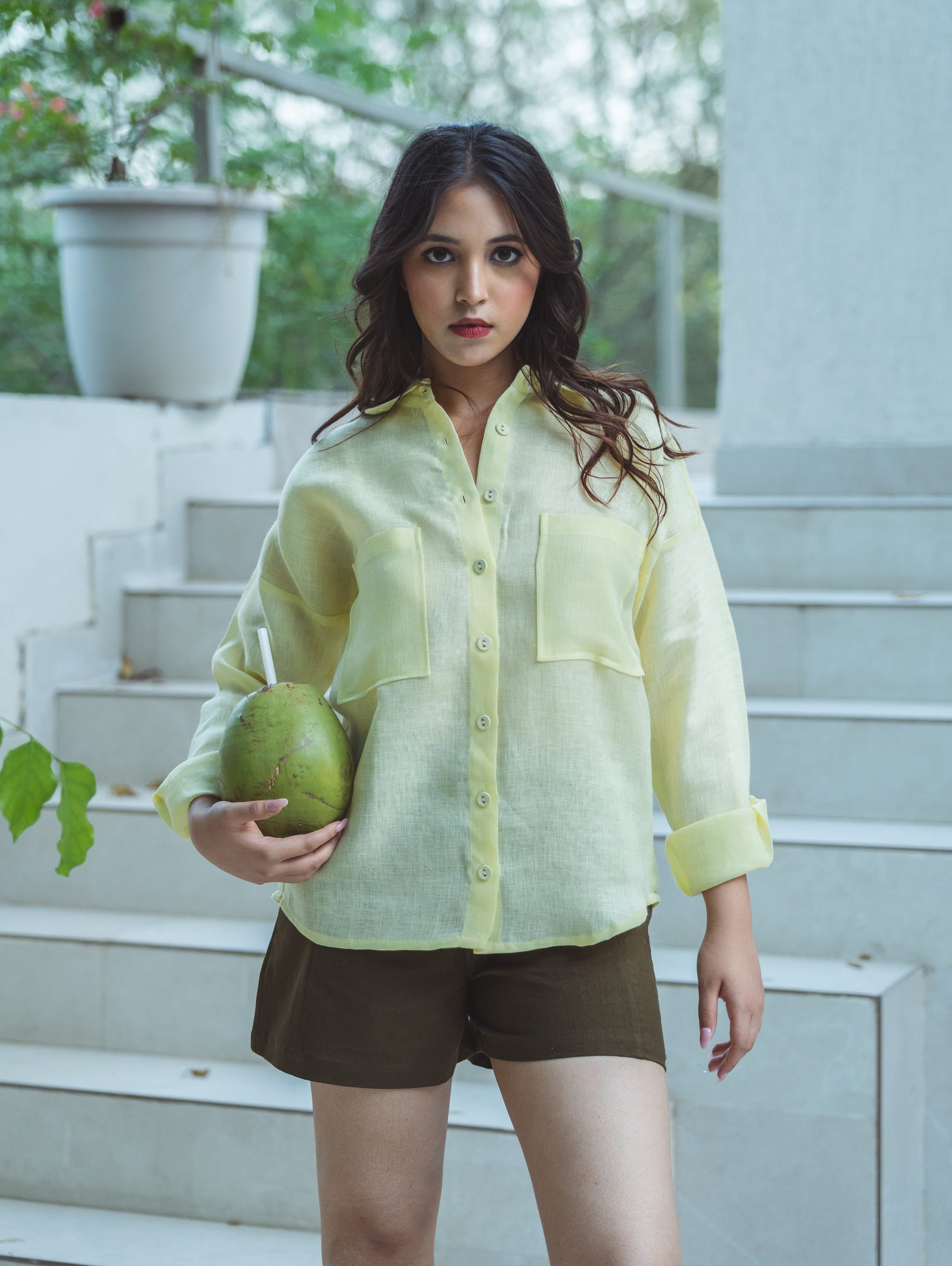 High Waist Linen Shorts - Olive