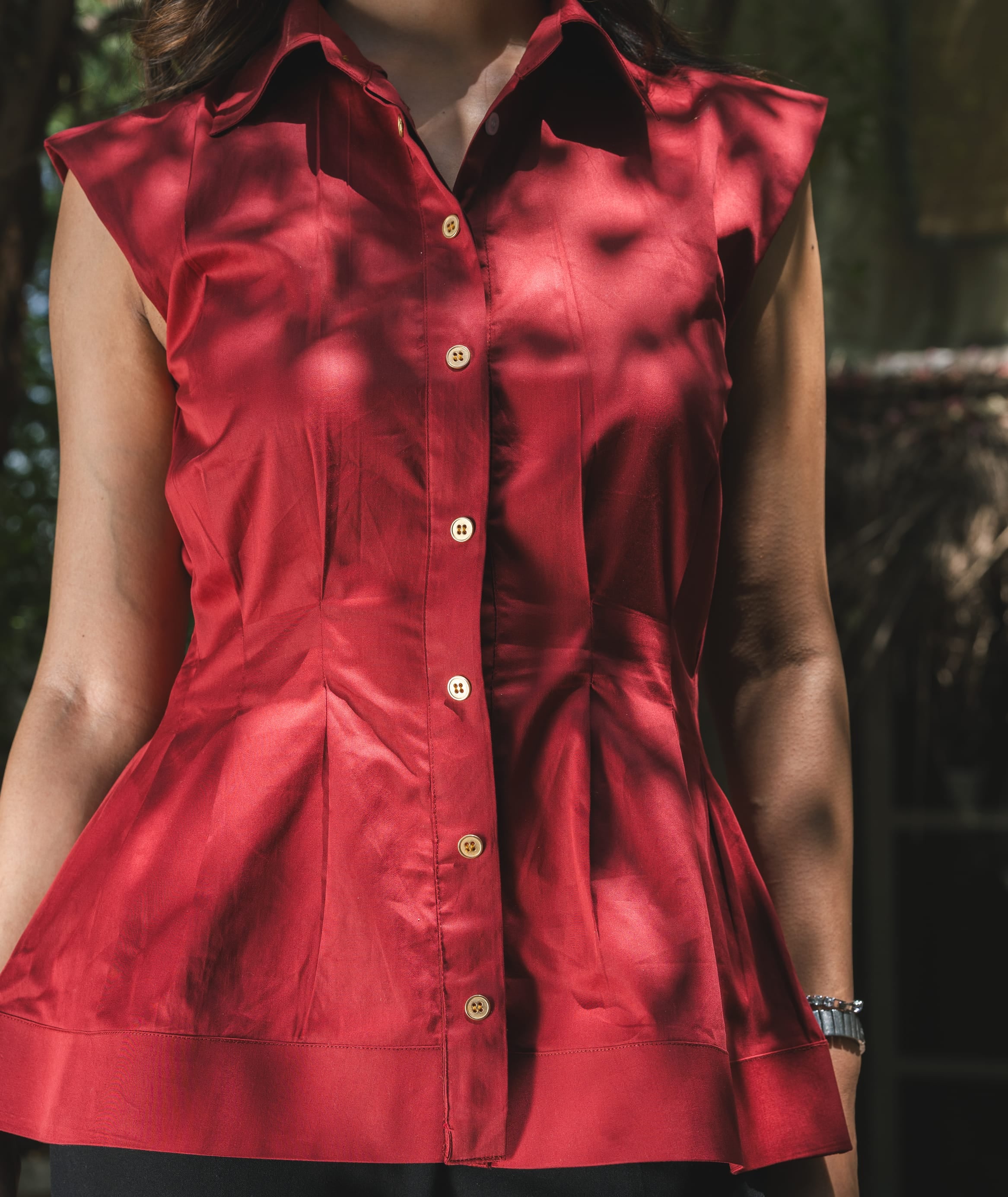 Cotton Satin Clinched Waist Top - Ruby
