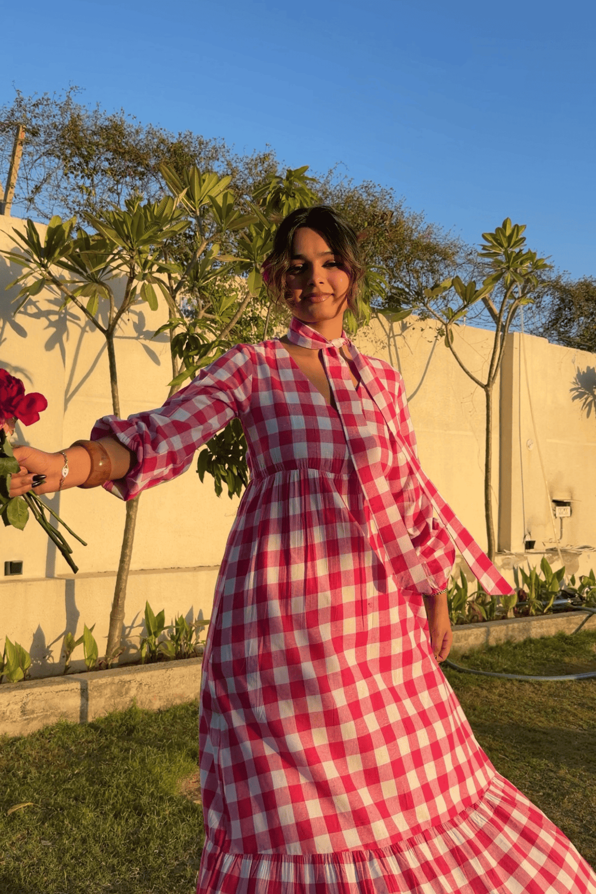 Gingham Full Dress - Pink
