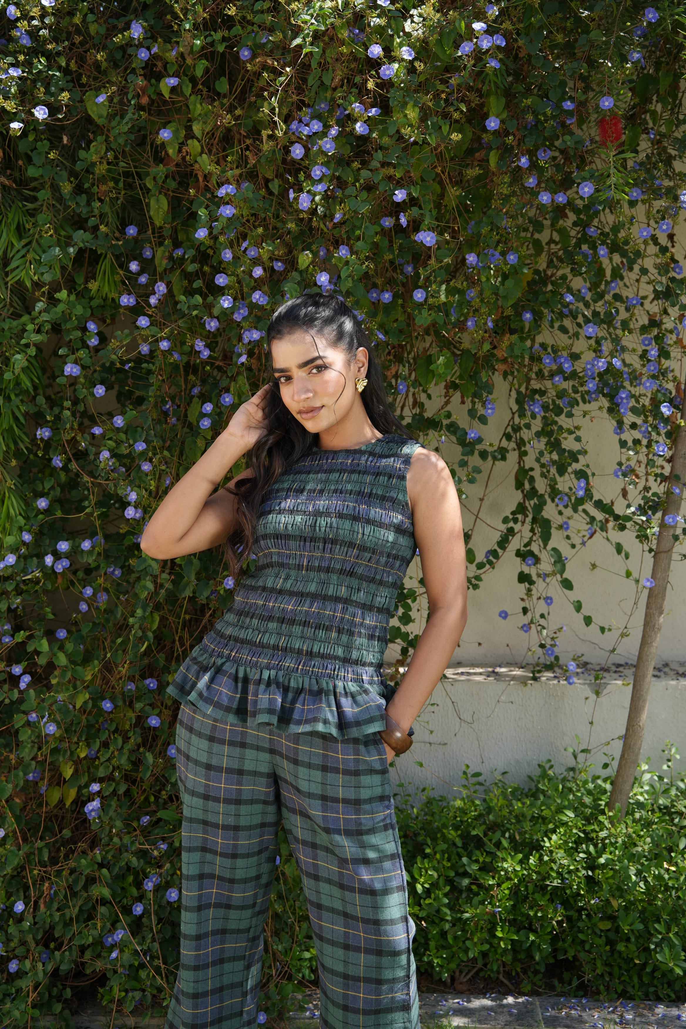 Smoked Top with Flared Pants - Green & Blue