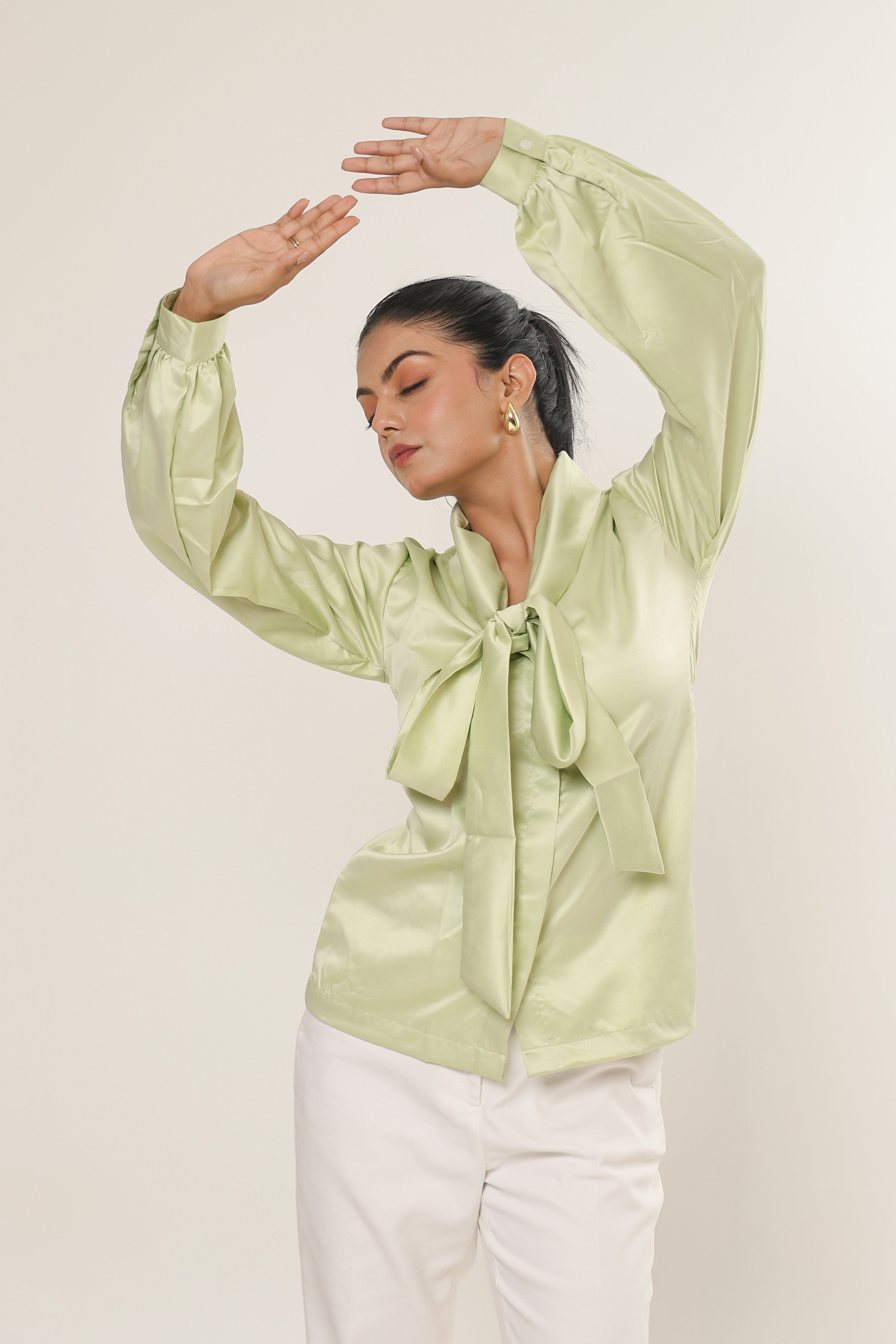 Elle Bow Blouse Top - Mint Green