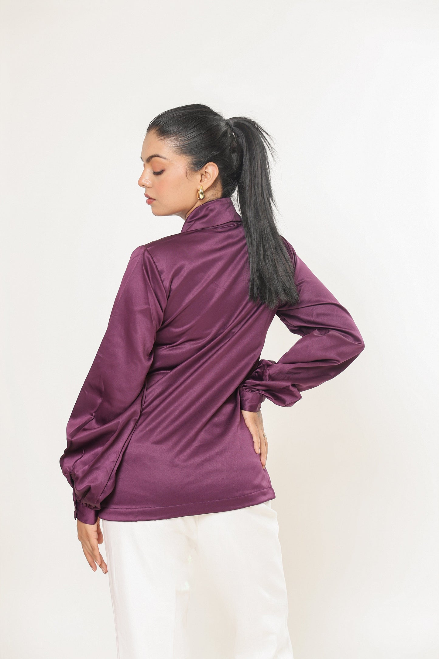Elle Bow Blouse Top - Plum Purple
