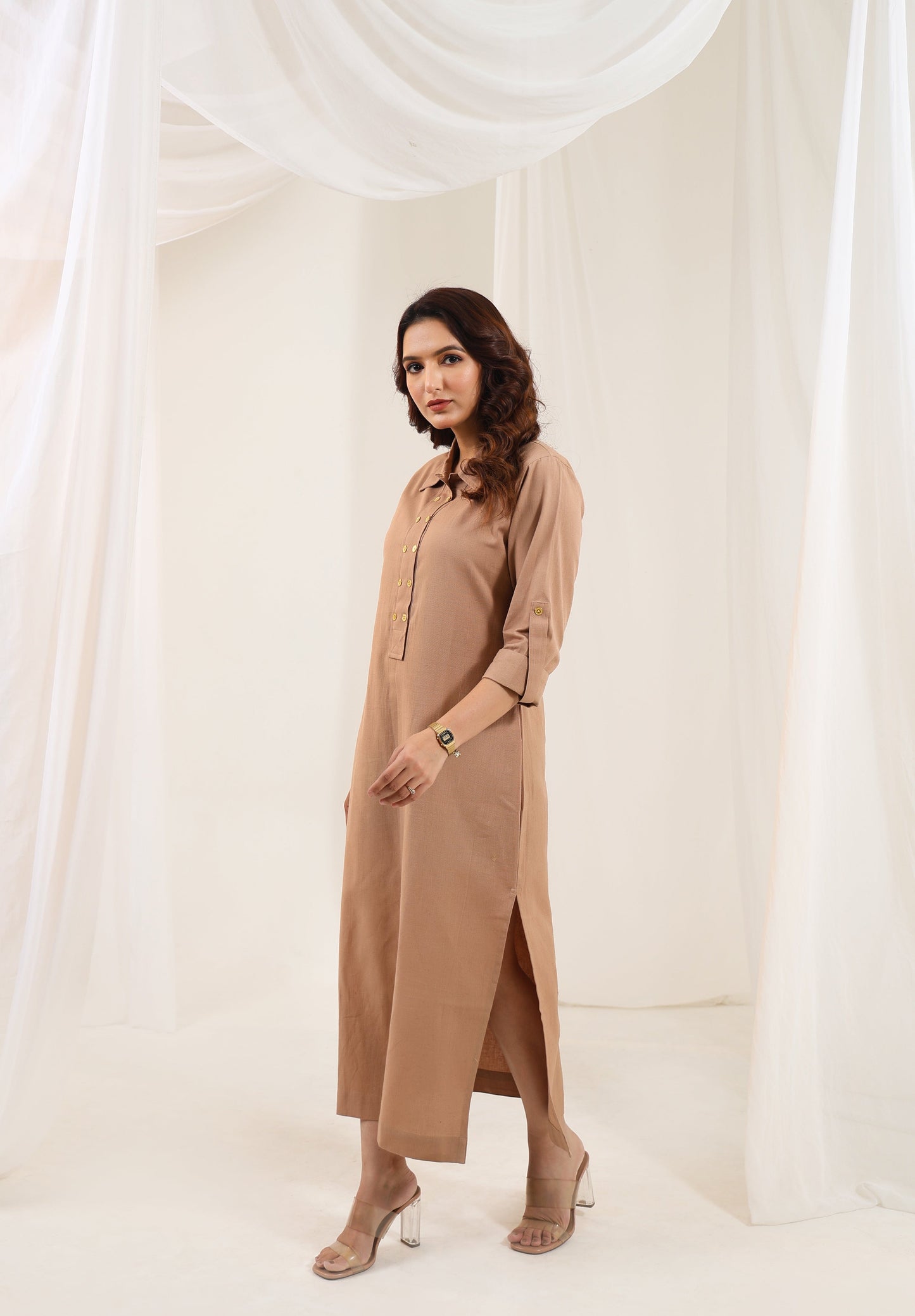 Structured Button Dress - Light Brown