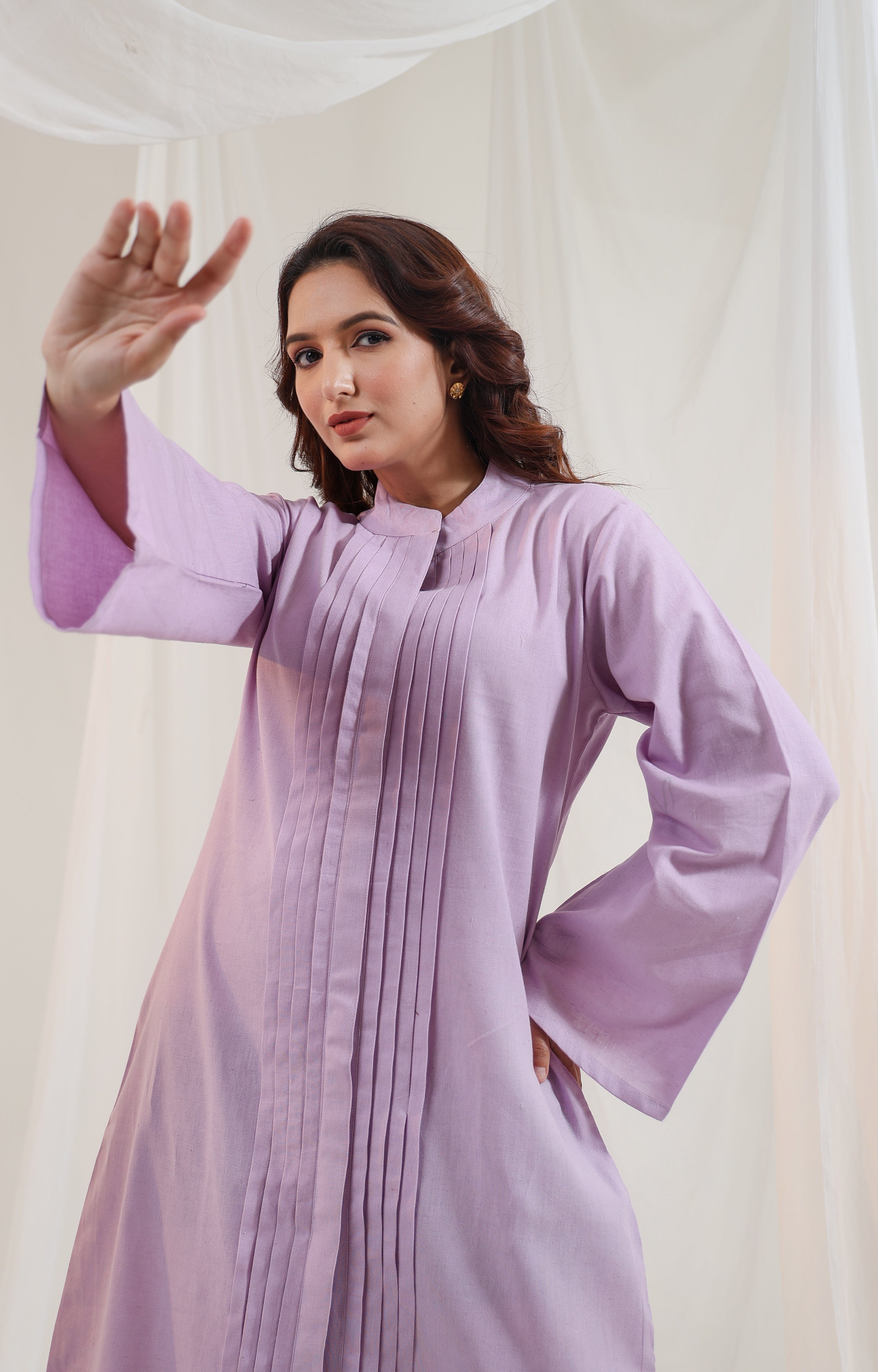 Pleated Long Kurta - Lavender Mist
