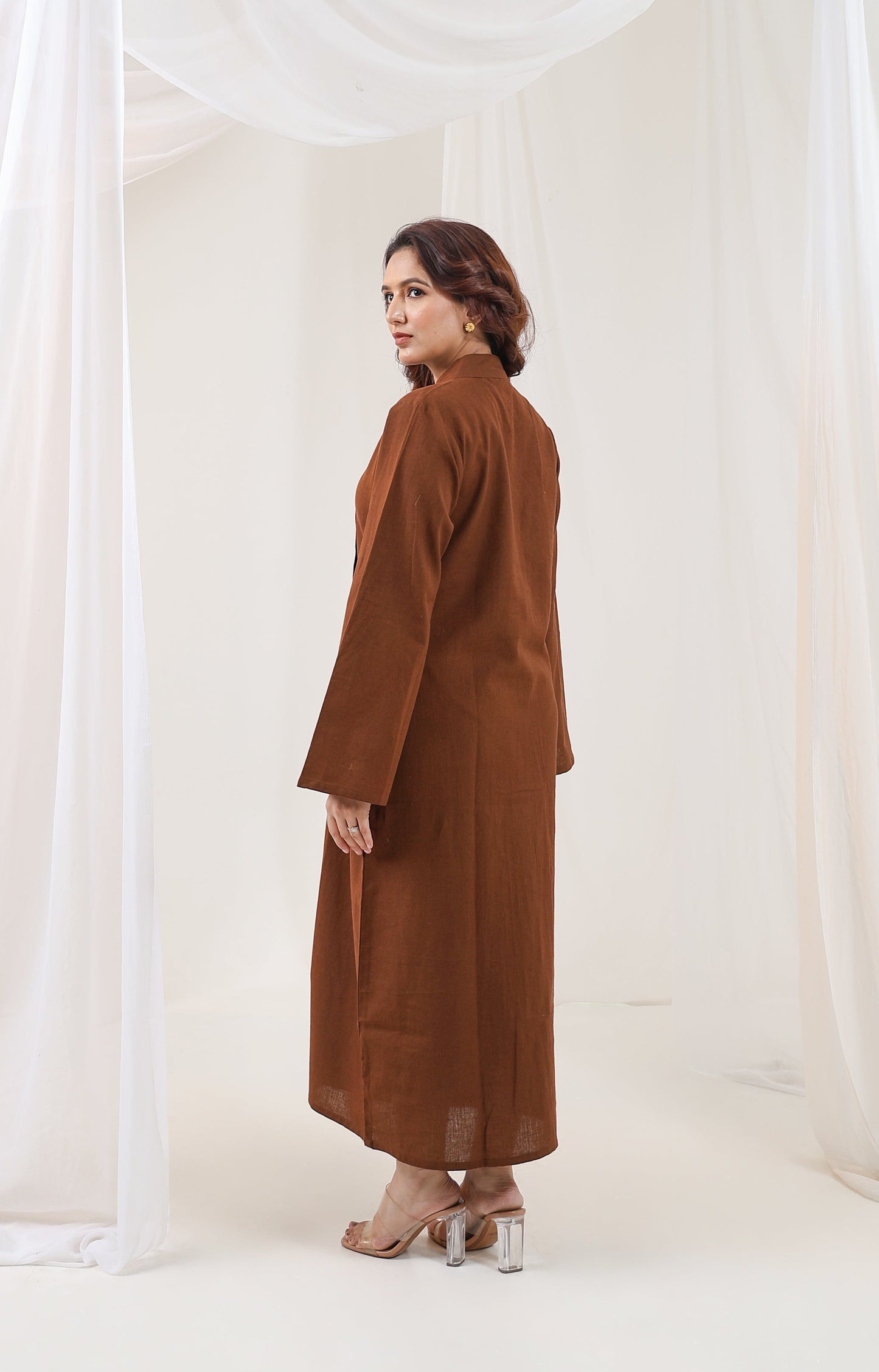 Pleated Long Kurta - Earth Brown