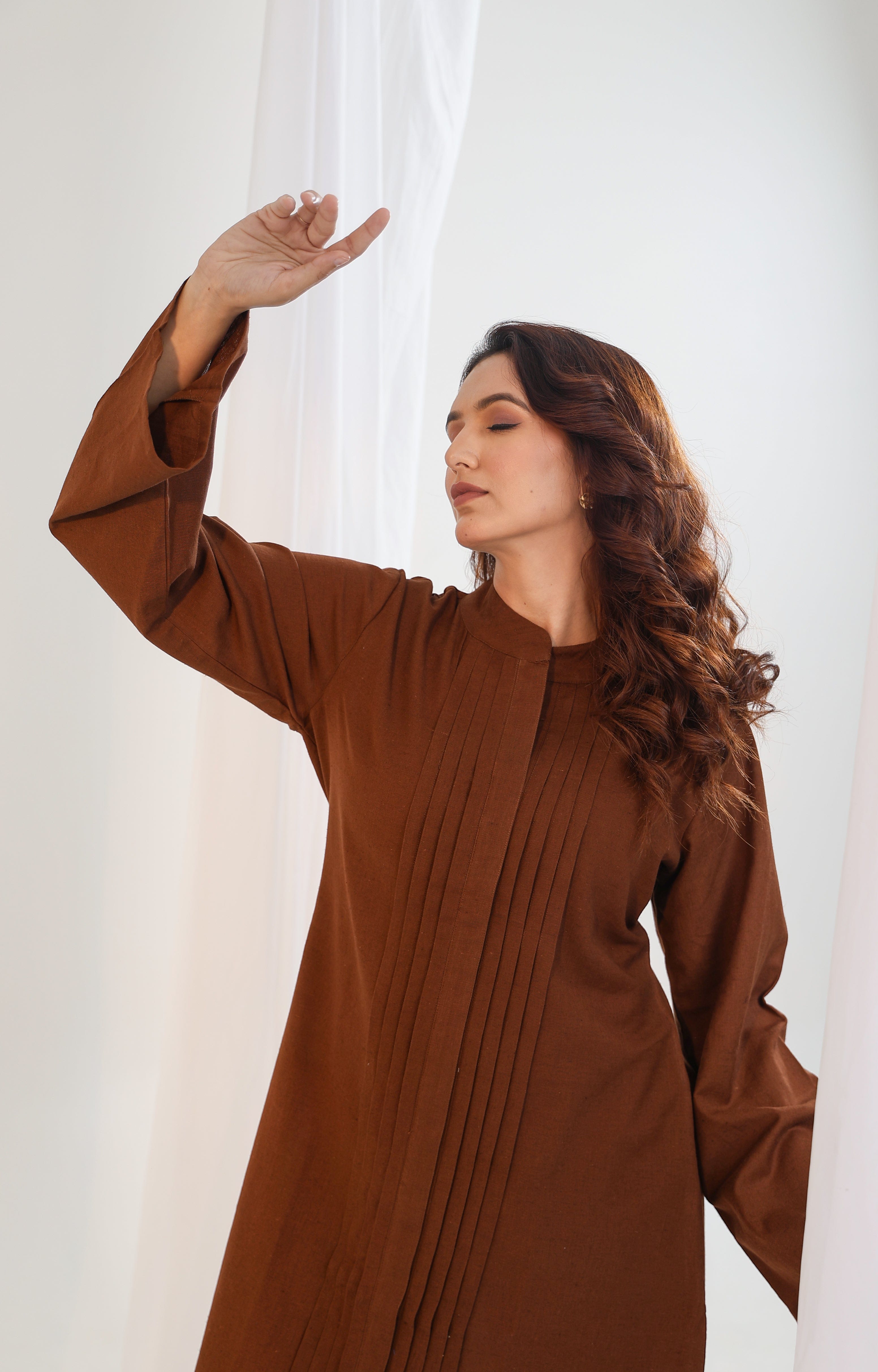 Pleated Long Kurta - Earth Brown