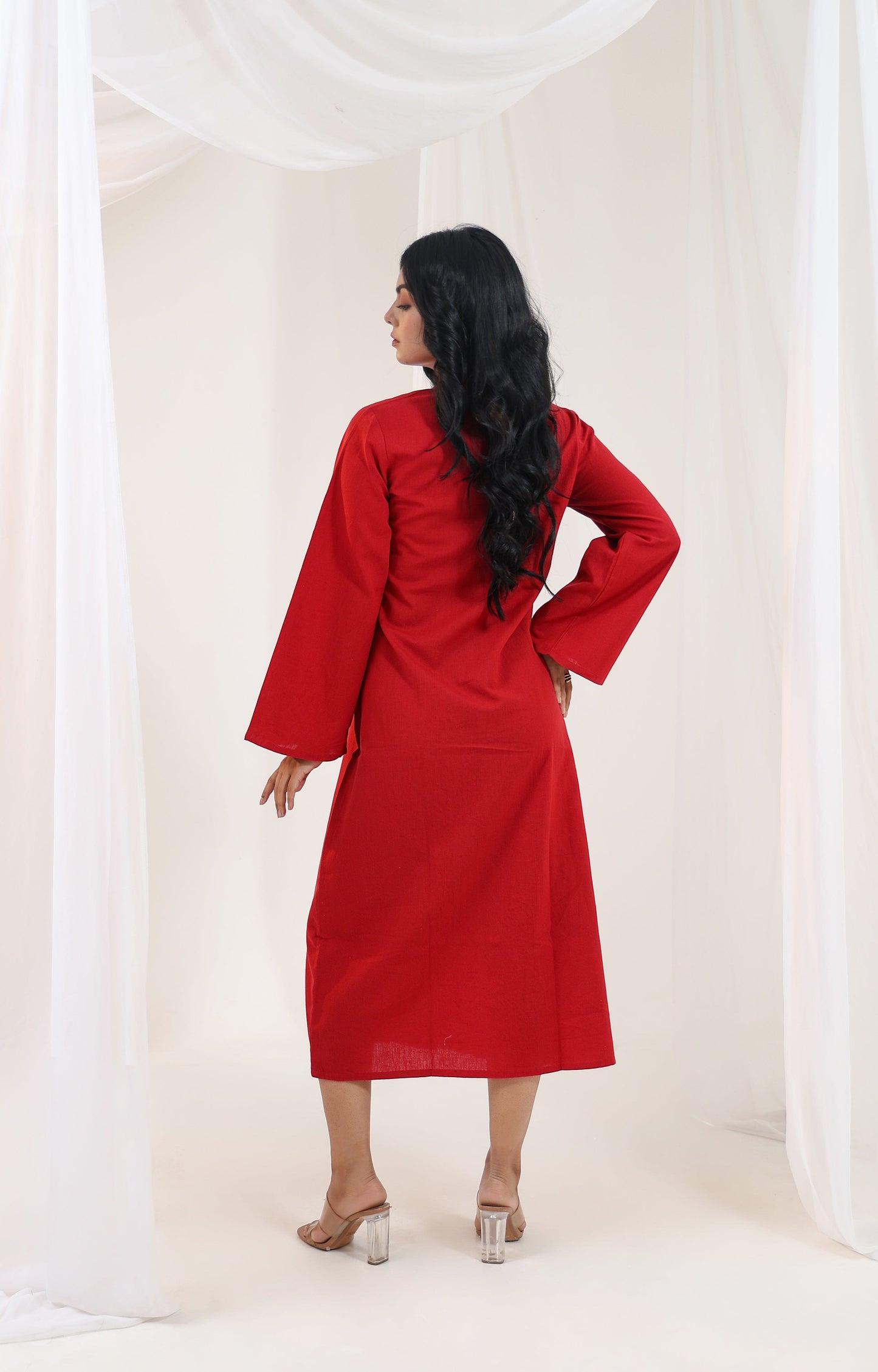 Pleated Long Kurta - Red