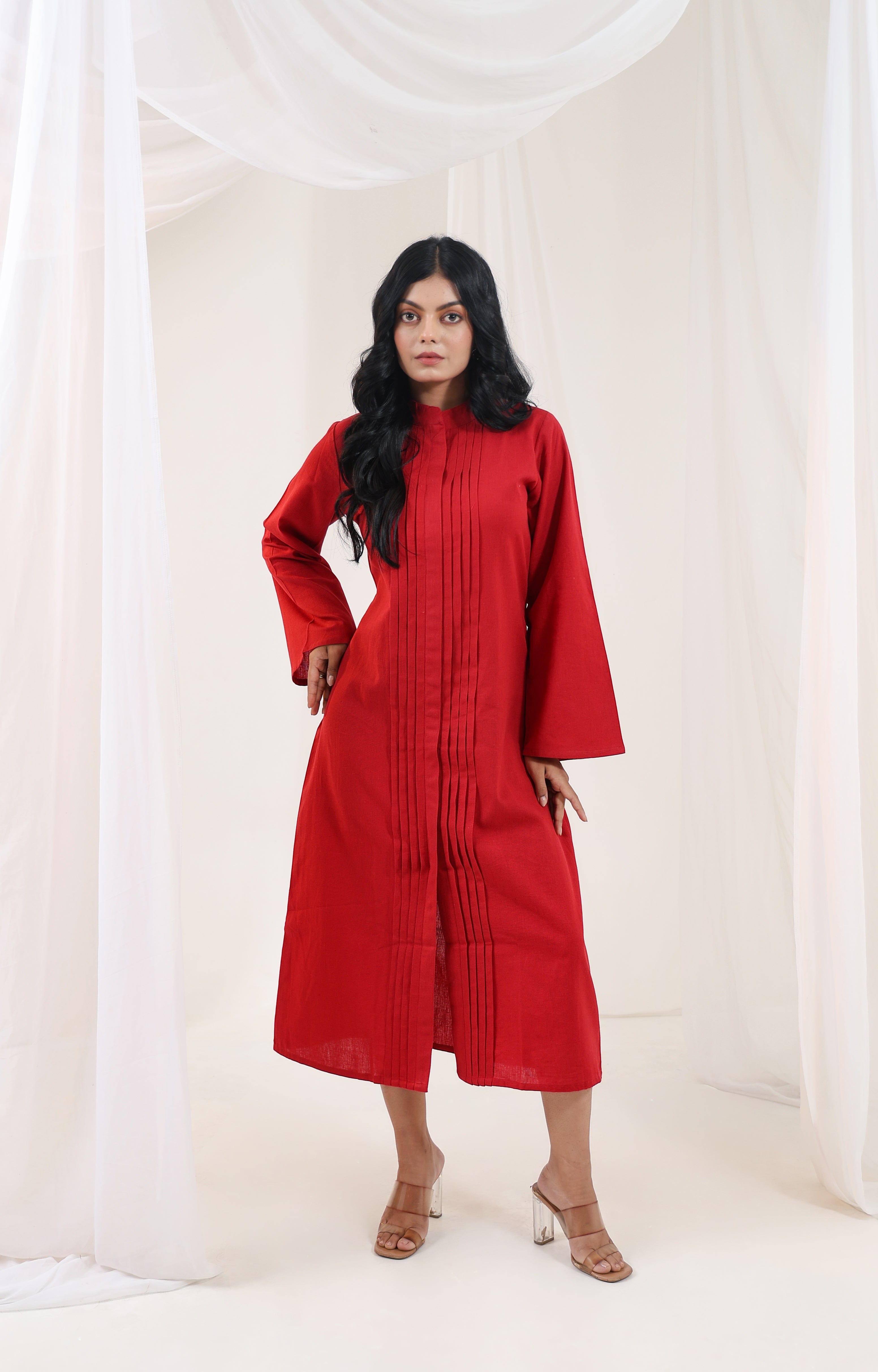 Pleated Long Kurta - Red