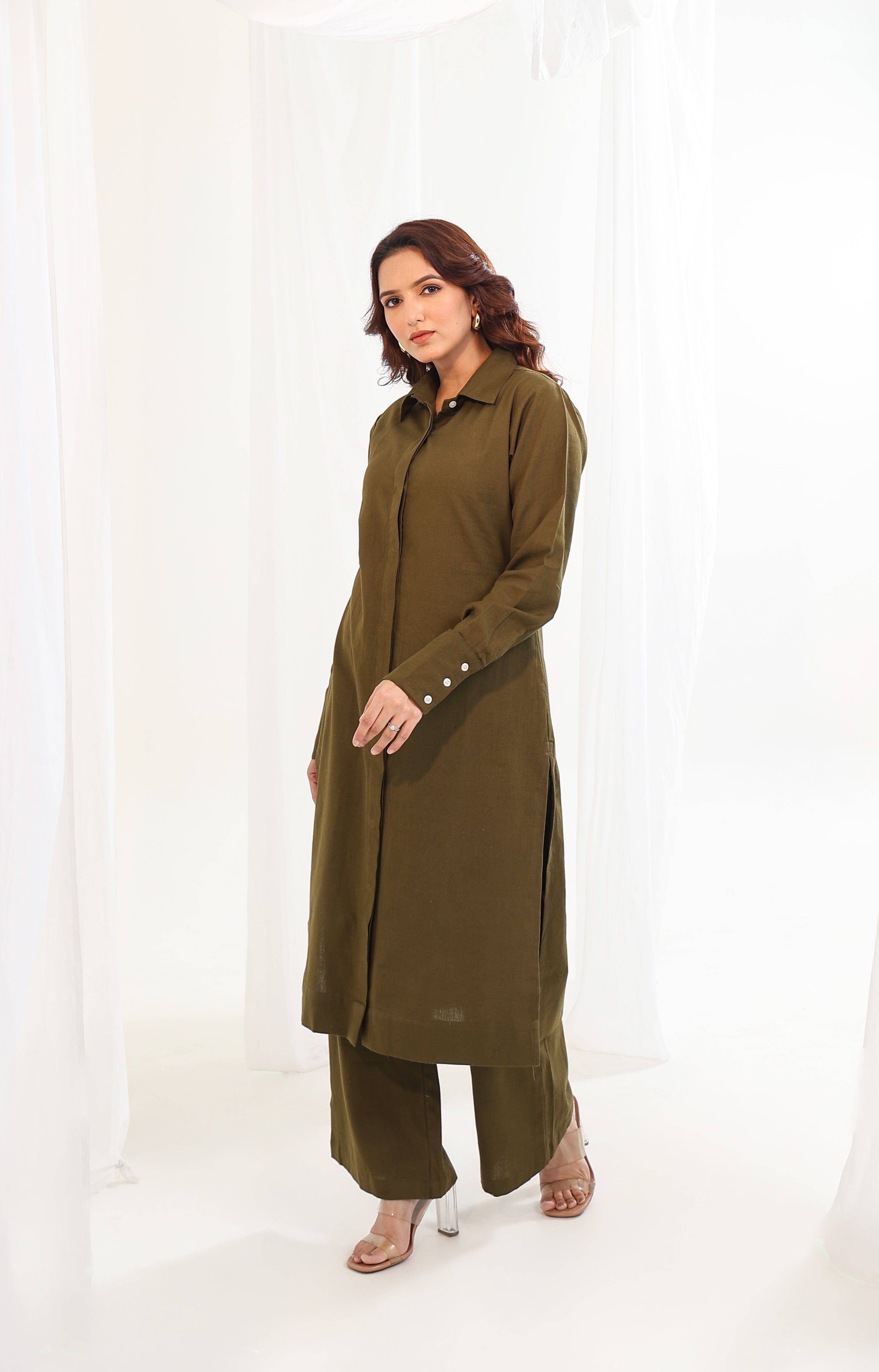 Long Shirt Kurta - Olive Green