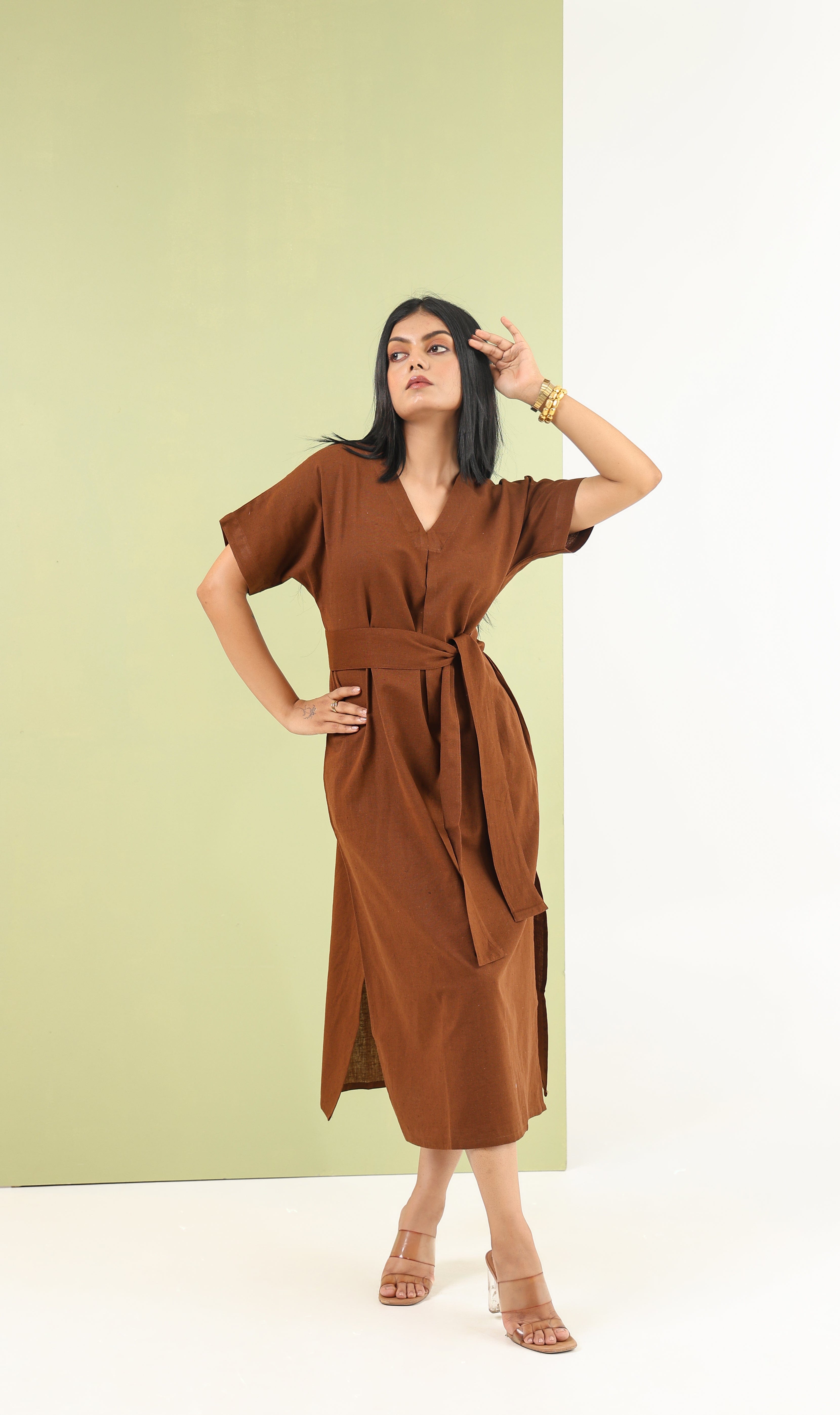 V Neck Tie Dress - Earth Brown