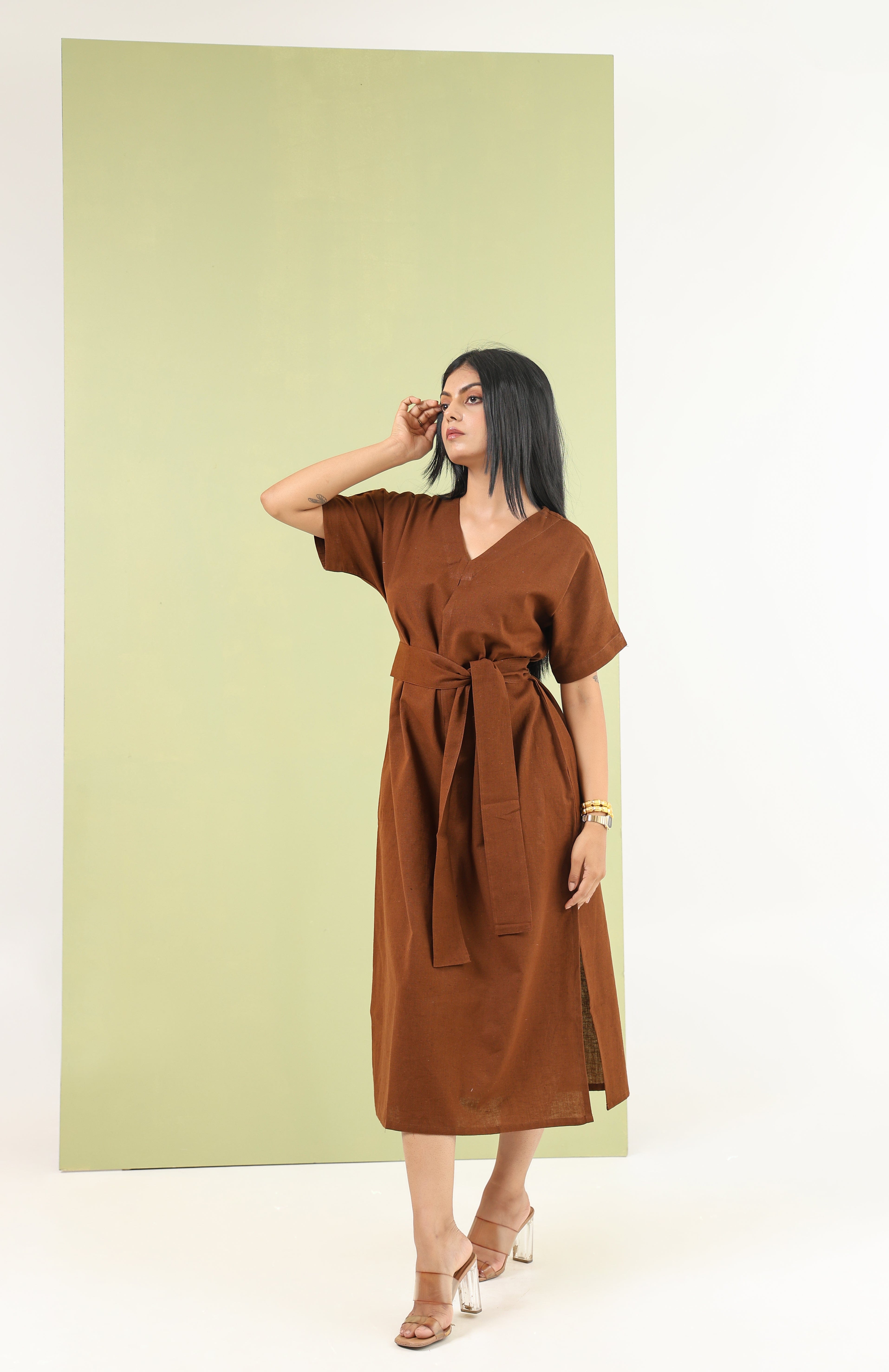 V Neck Tie Dress - Earth Brown