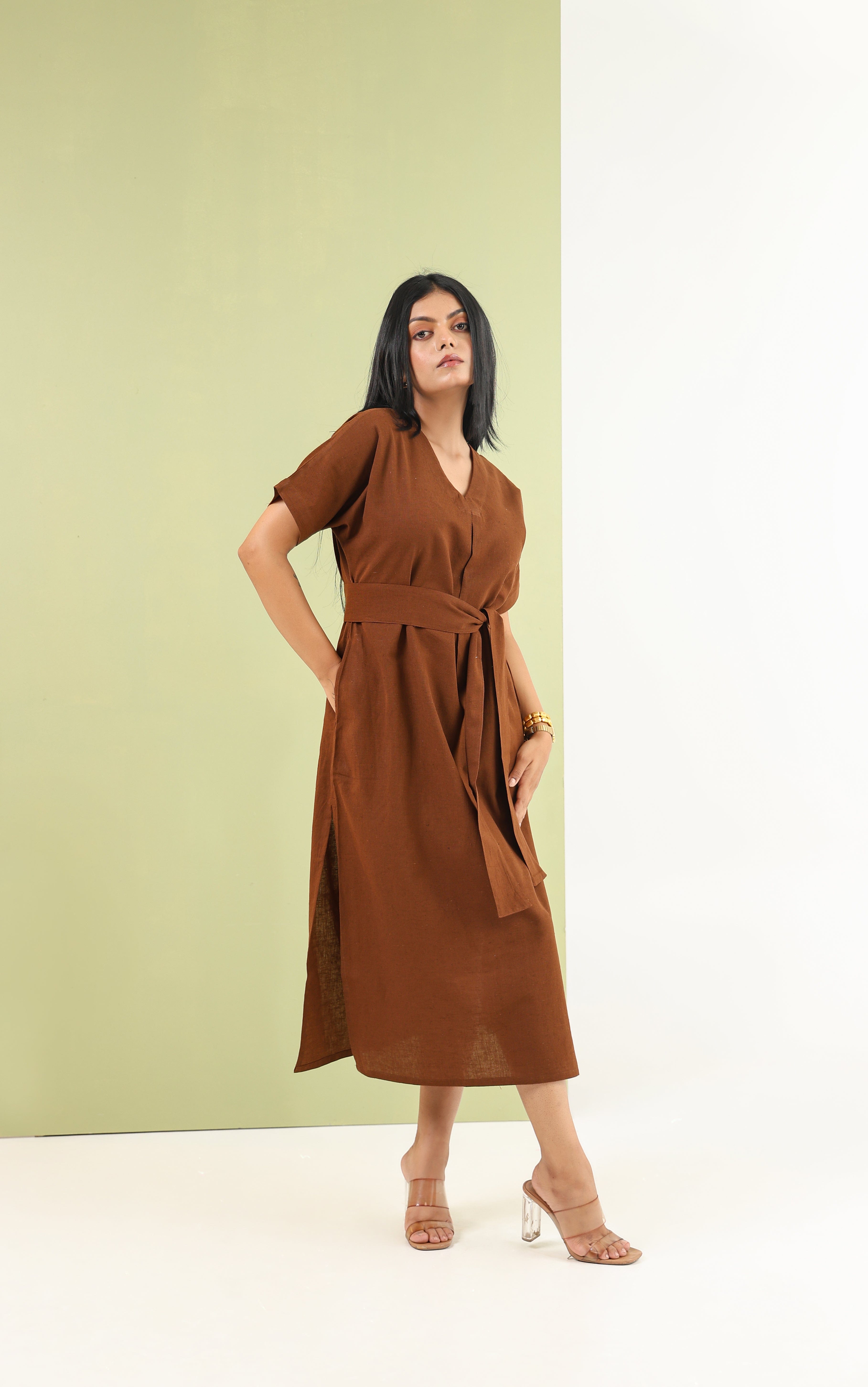V Neck Tie Dress - Earth Brown