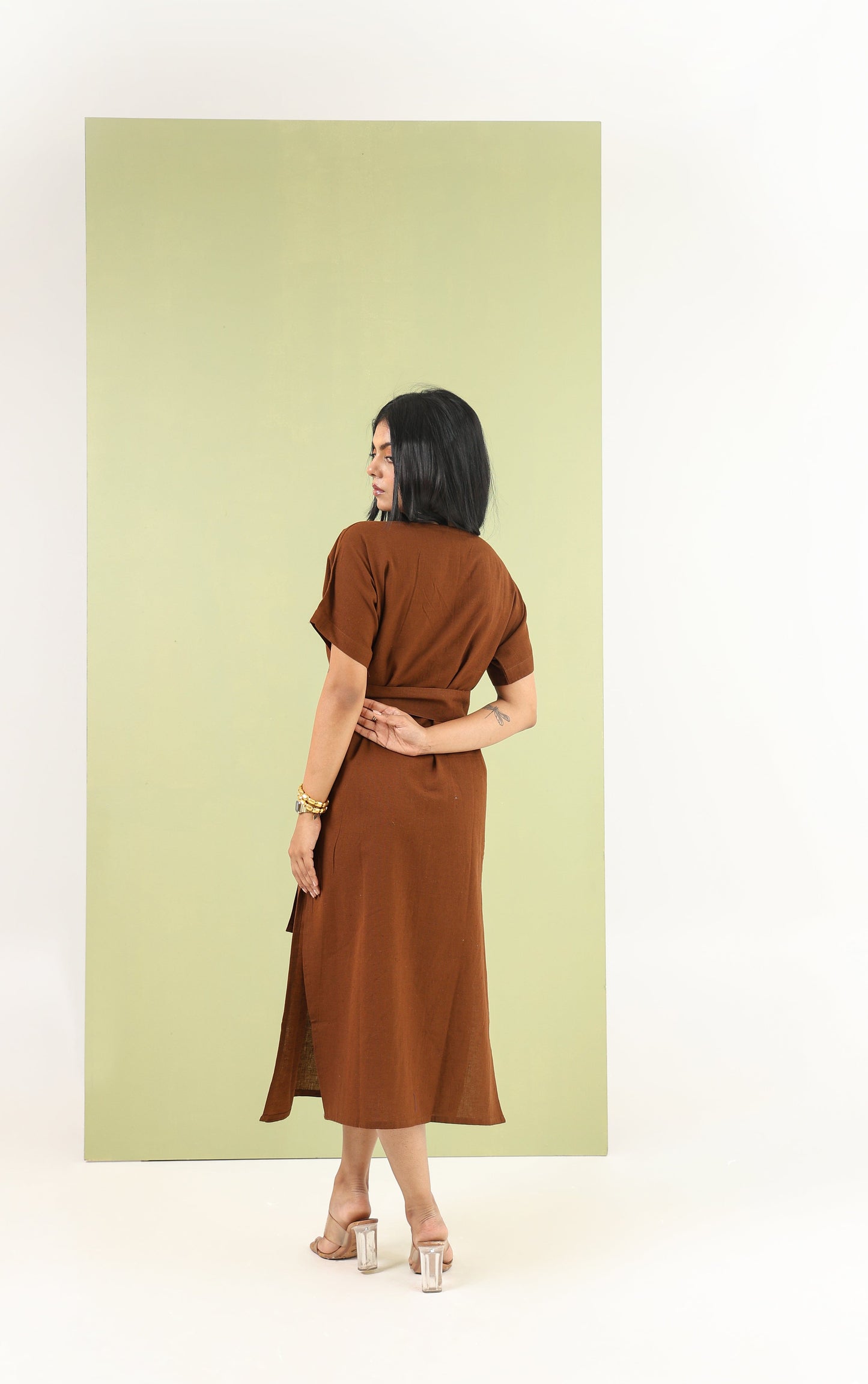 V Neck Tie Dress - Earth Brown
