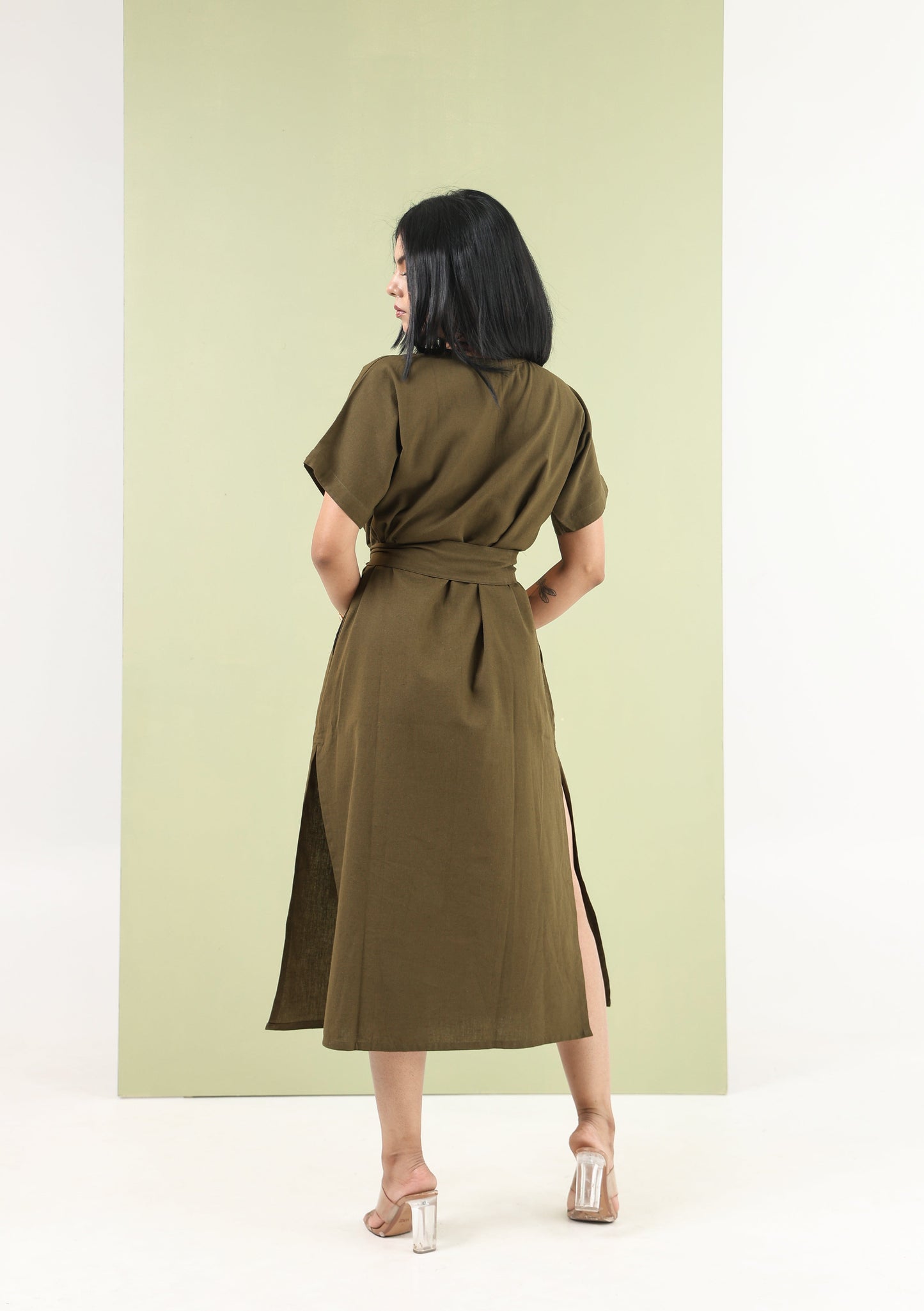 V Neck Tie Dress - Olive Green