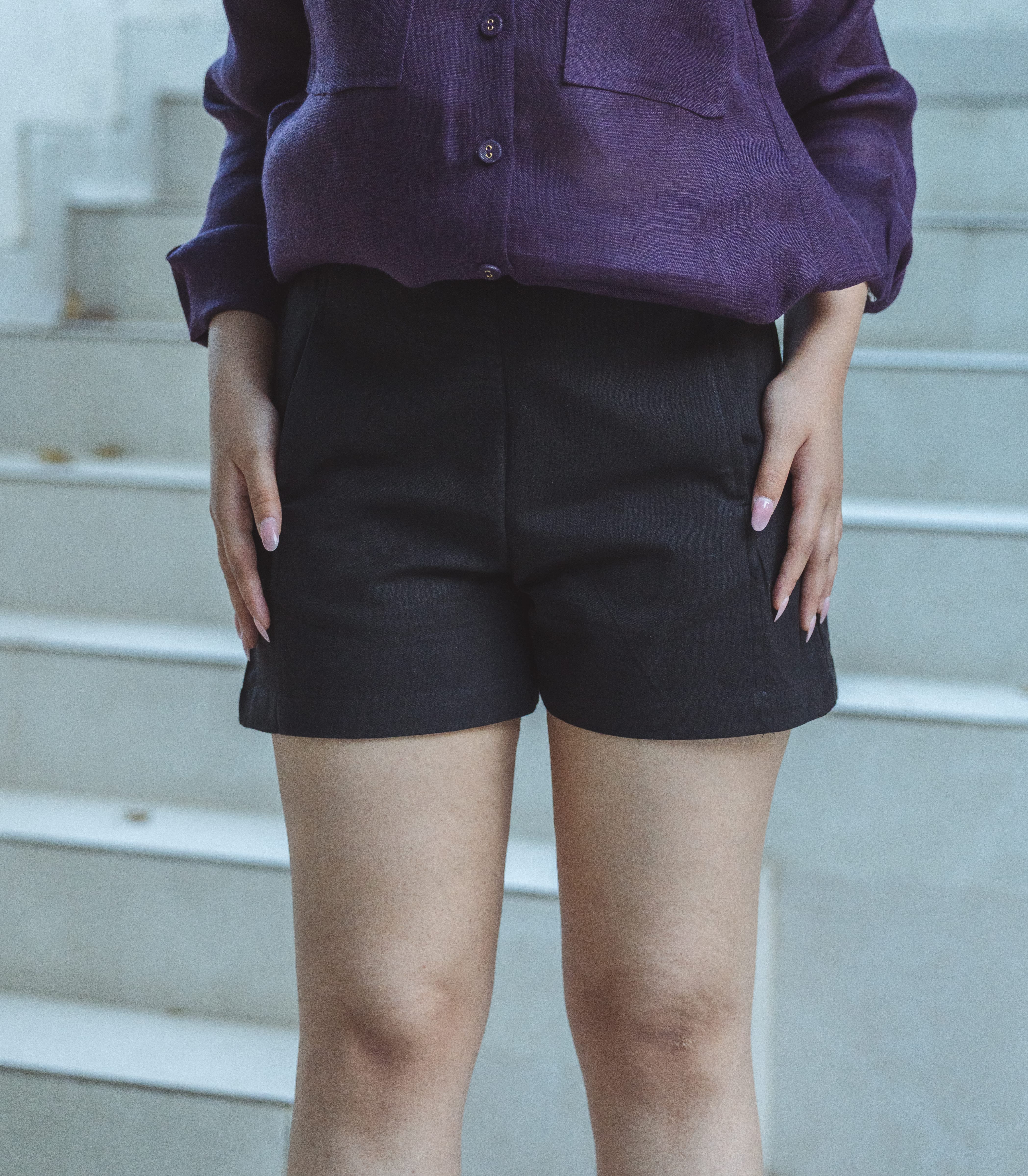 High Waist Linen Shorts - Black