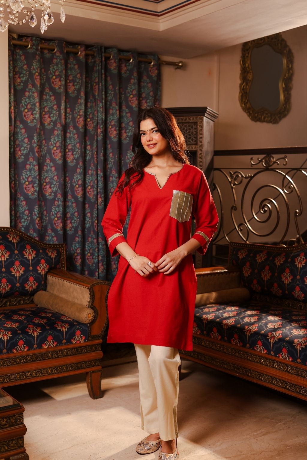 Noor cotton linen gota patti kurti co ord- red