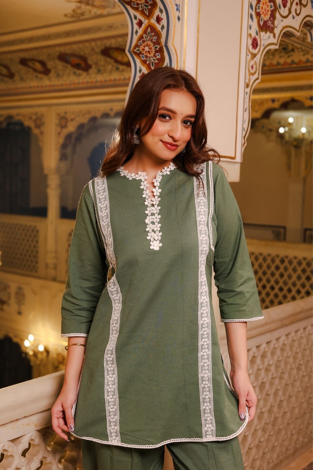 Meher cotton linen lace co ord set - sage green