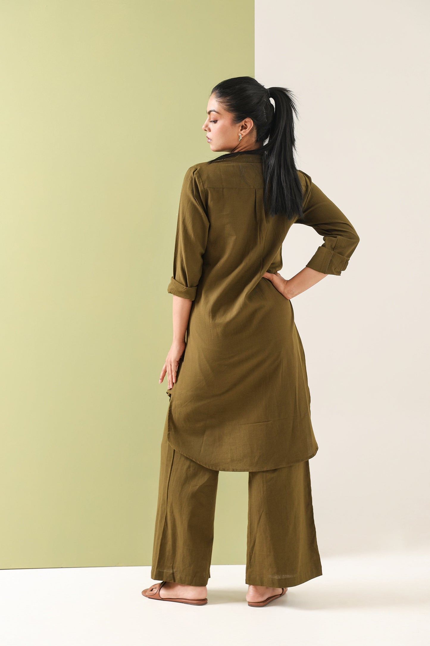 High Low Midi Kurta - Olive Green
