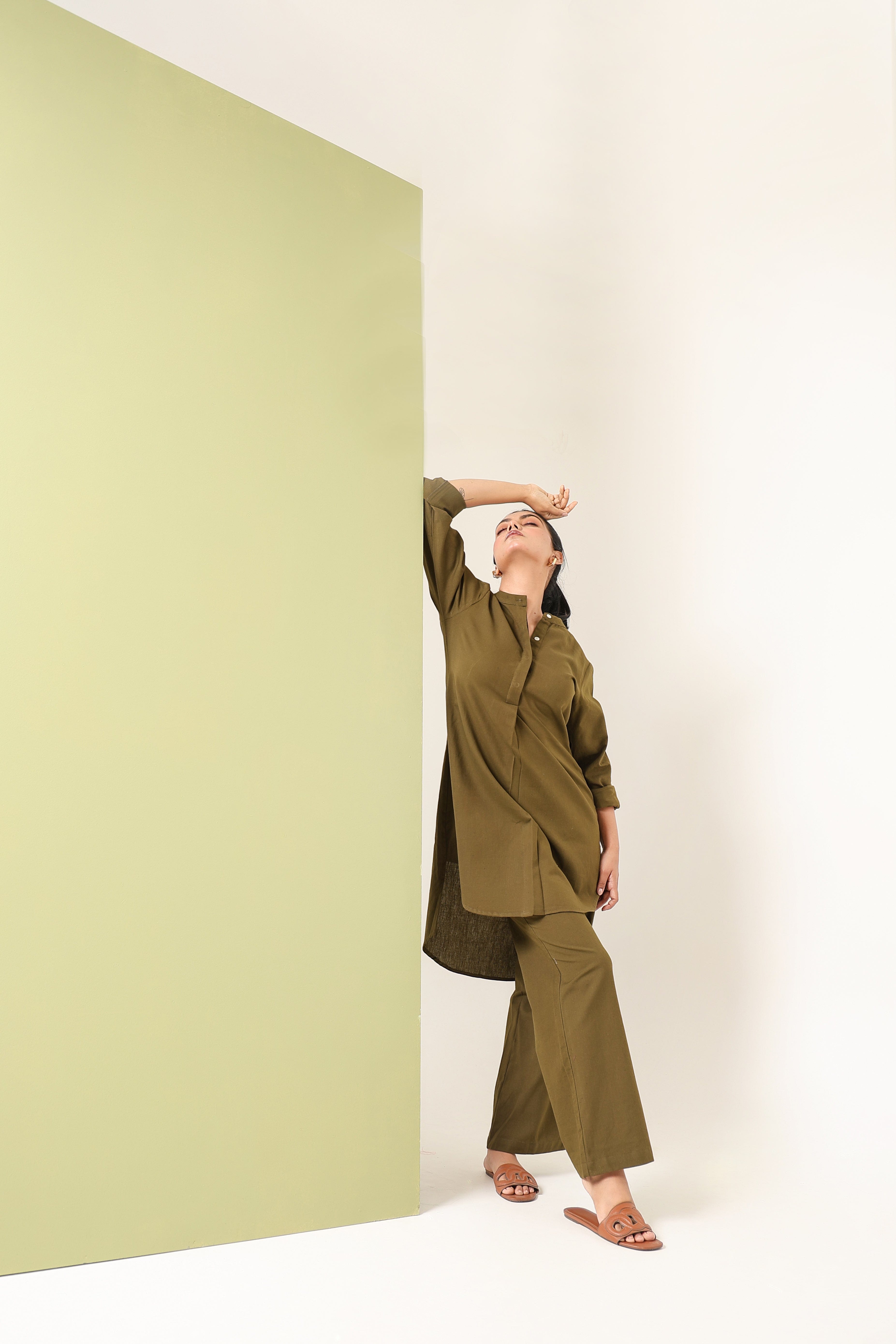High Low Midi Kurta - Olive Green