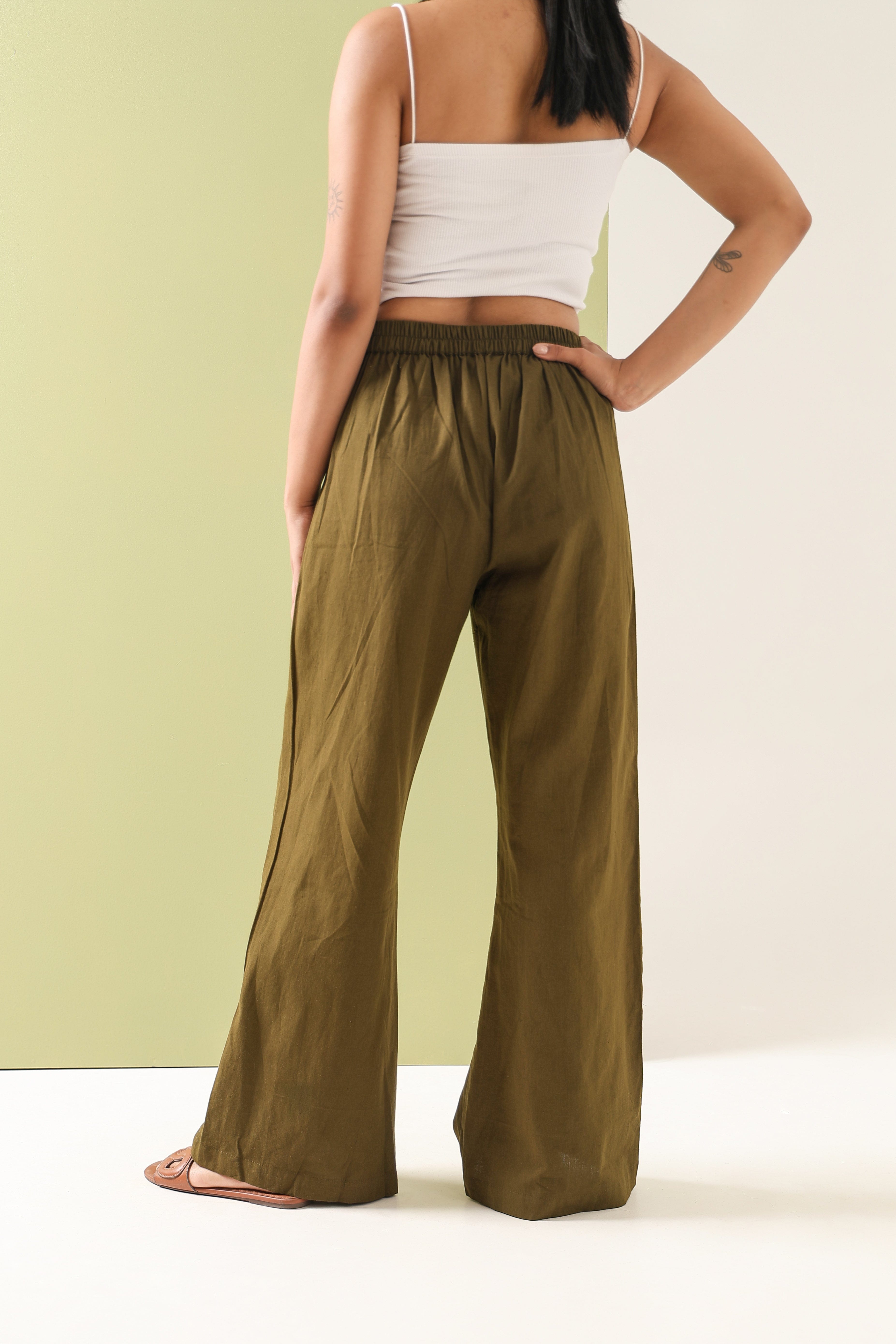 Cotton Linen Flared Pants - Olive Green