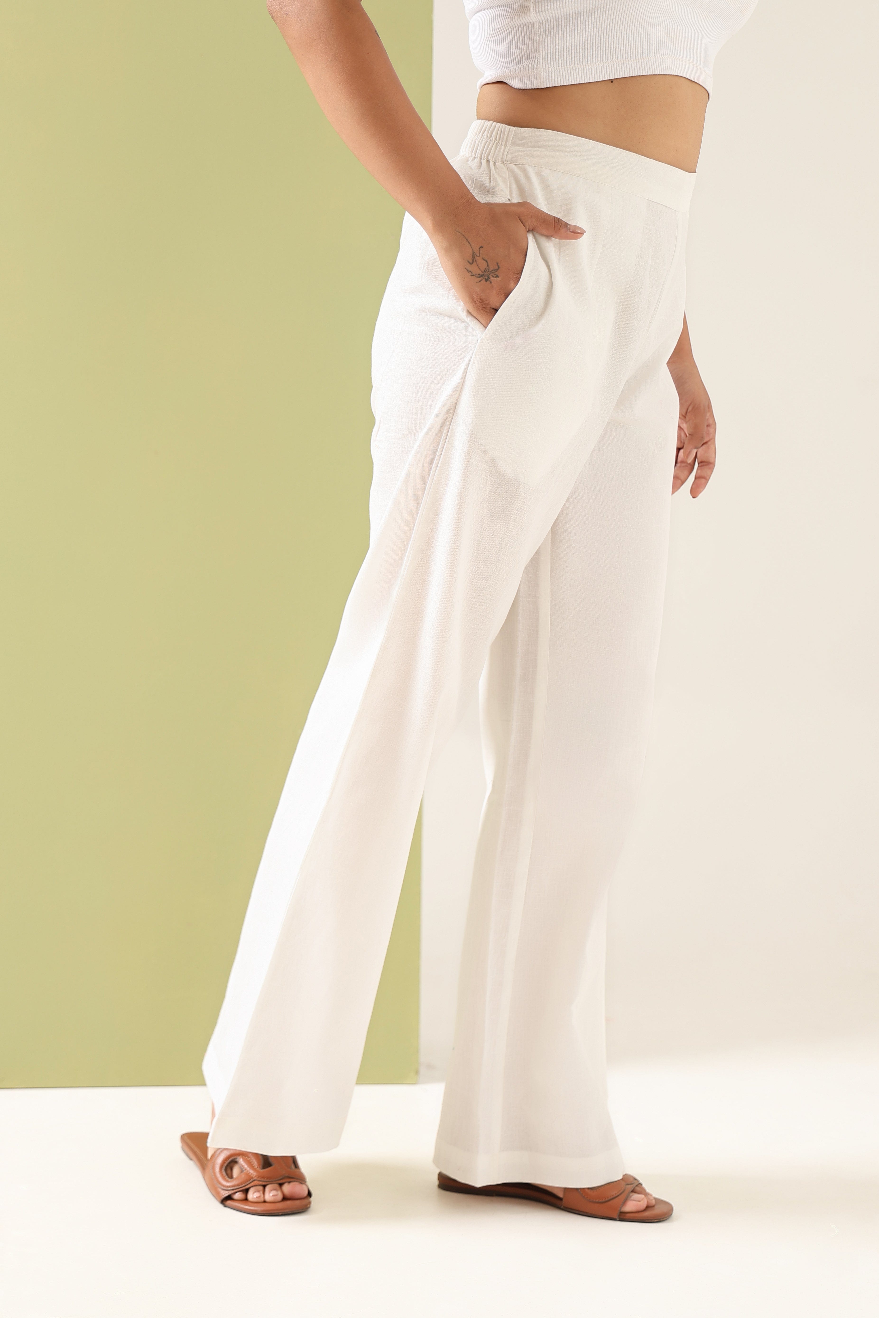 Cotton Linen Flared Pants - Vanilla