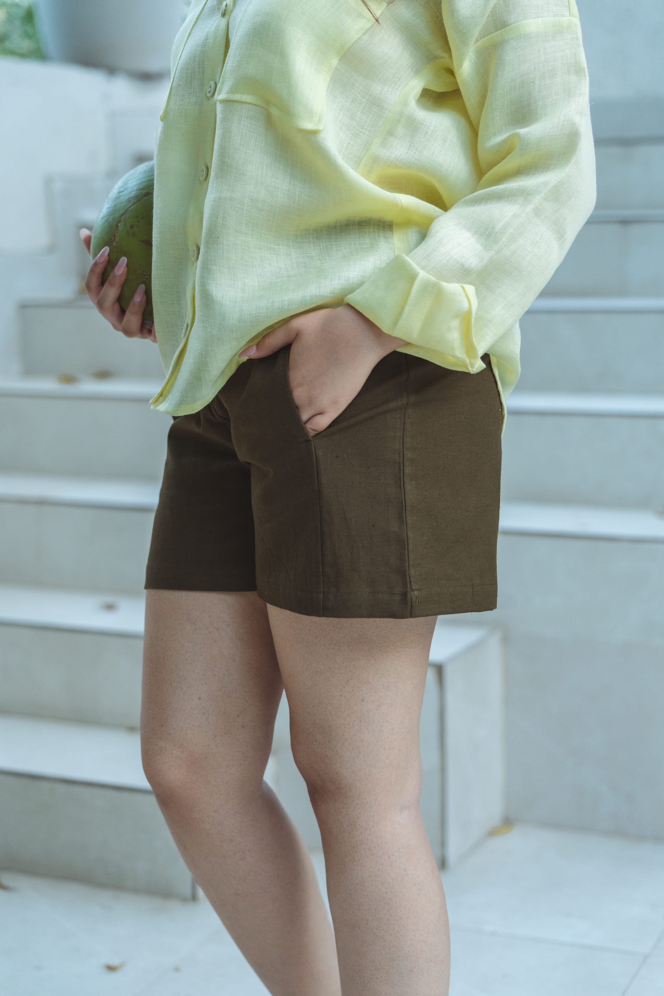High Waist Linen Shorts - Olive