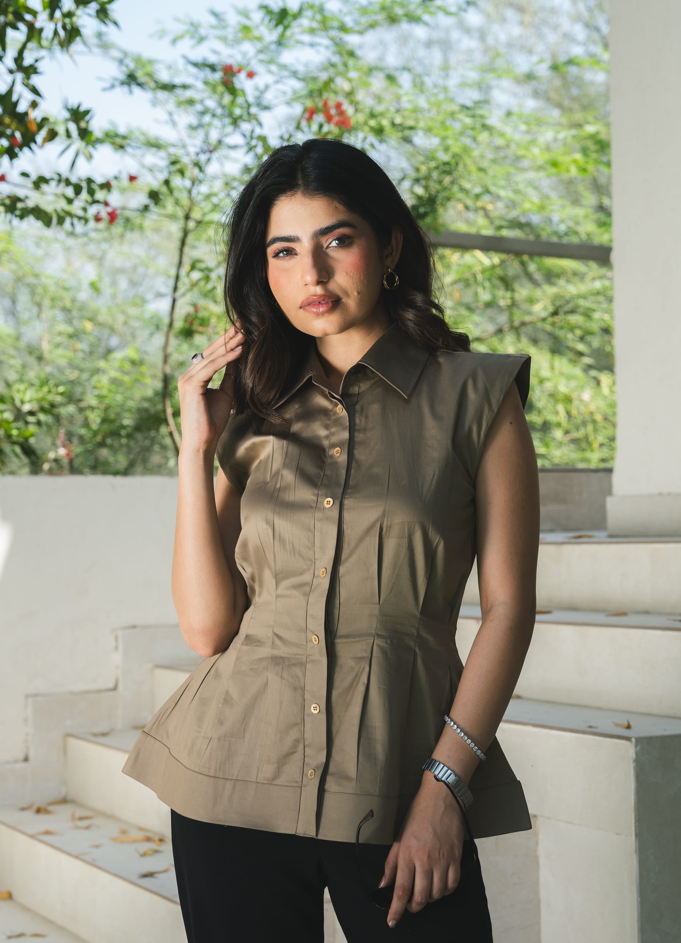 Cotton Satin Clinched Waist Top - Muted Brown