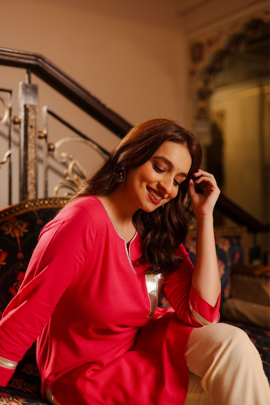 noor cotton linen gota patti kurti co ord- rani pink