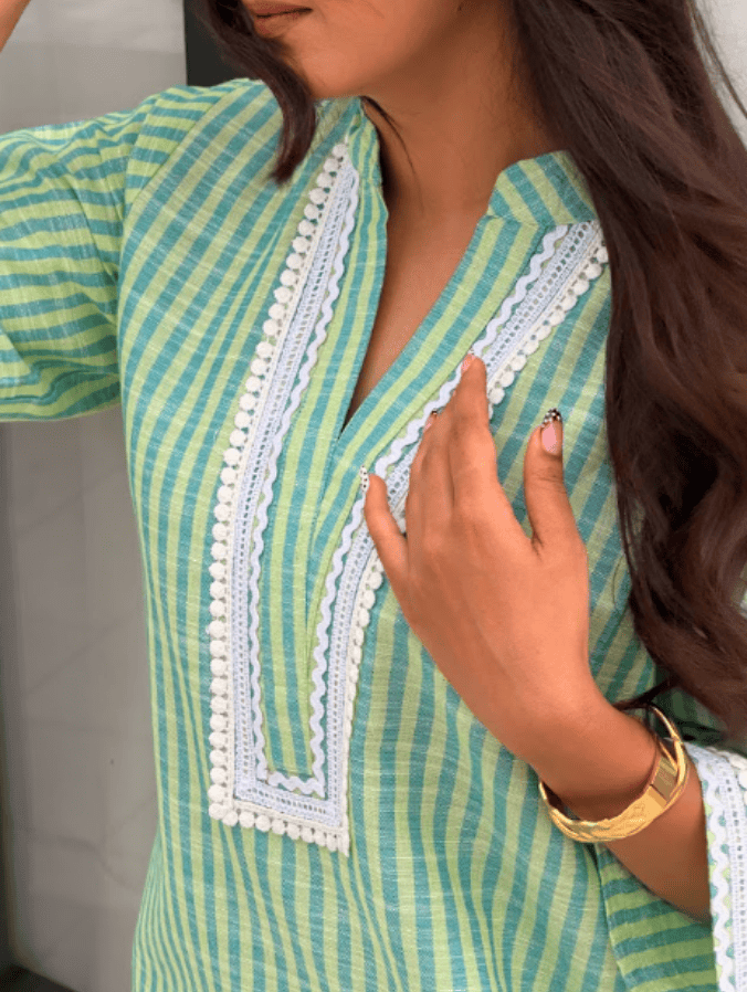 Cotton Striped Co-ord Set with Lace Detail - Green