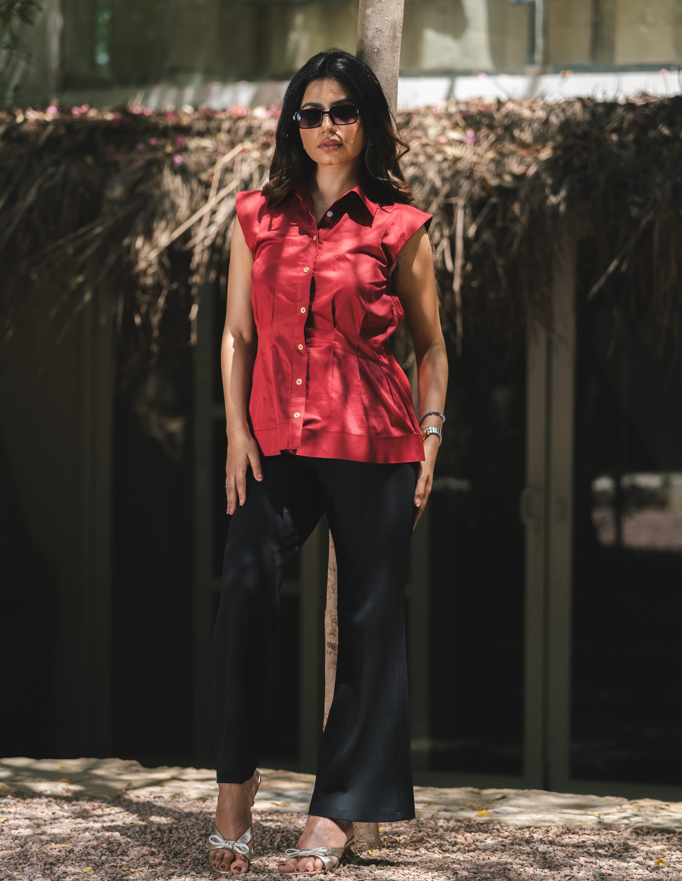 Cotton Satin Clinched Waist Top - Ruby