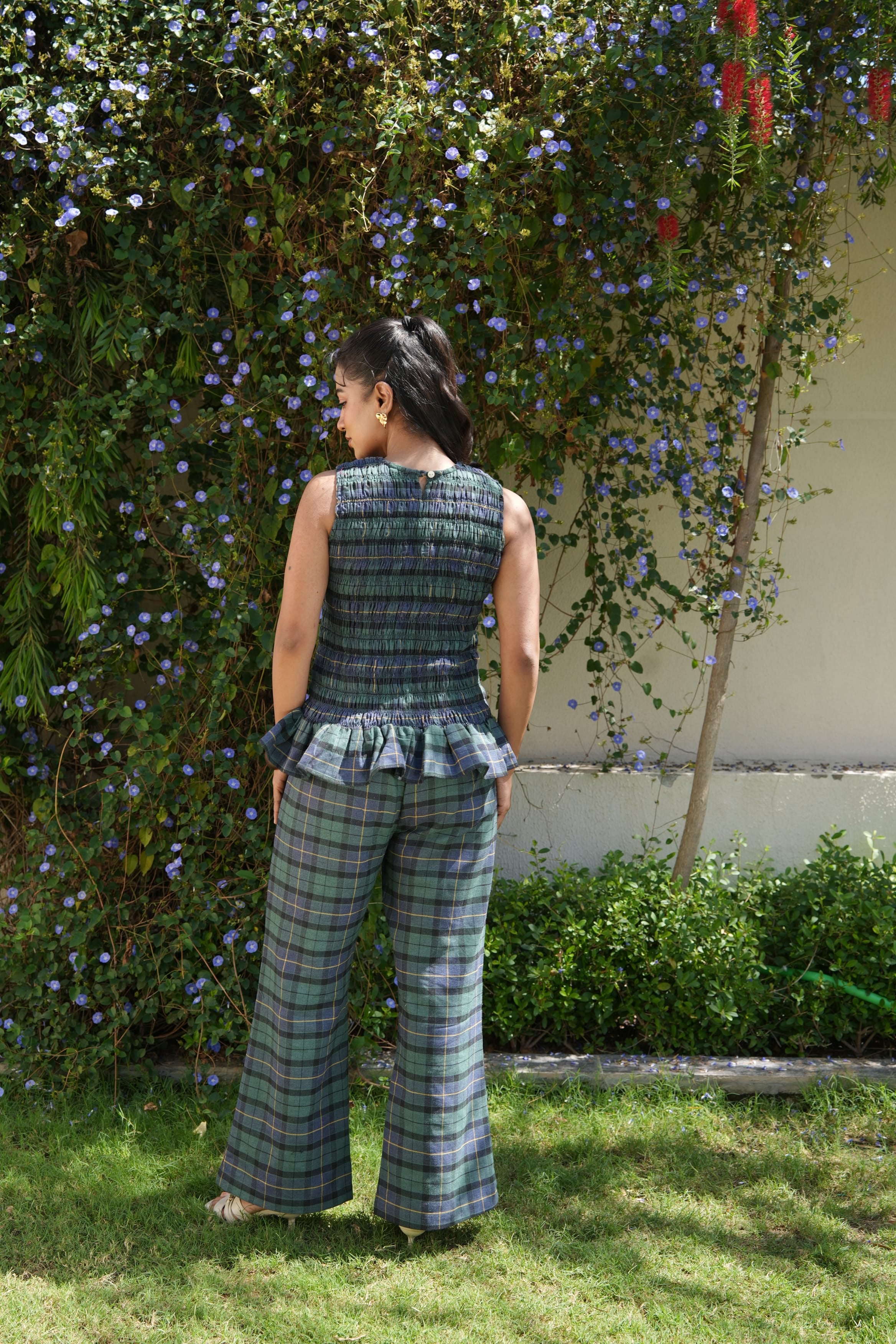 Smoked Top with Flared Pants - Green & Blue