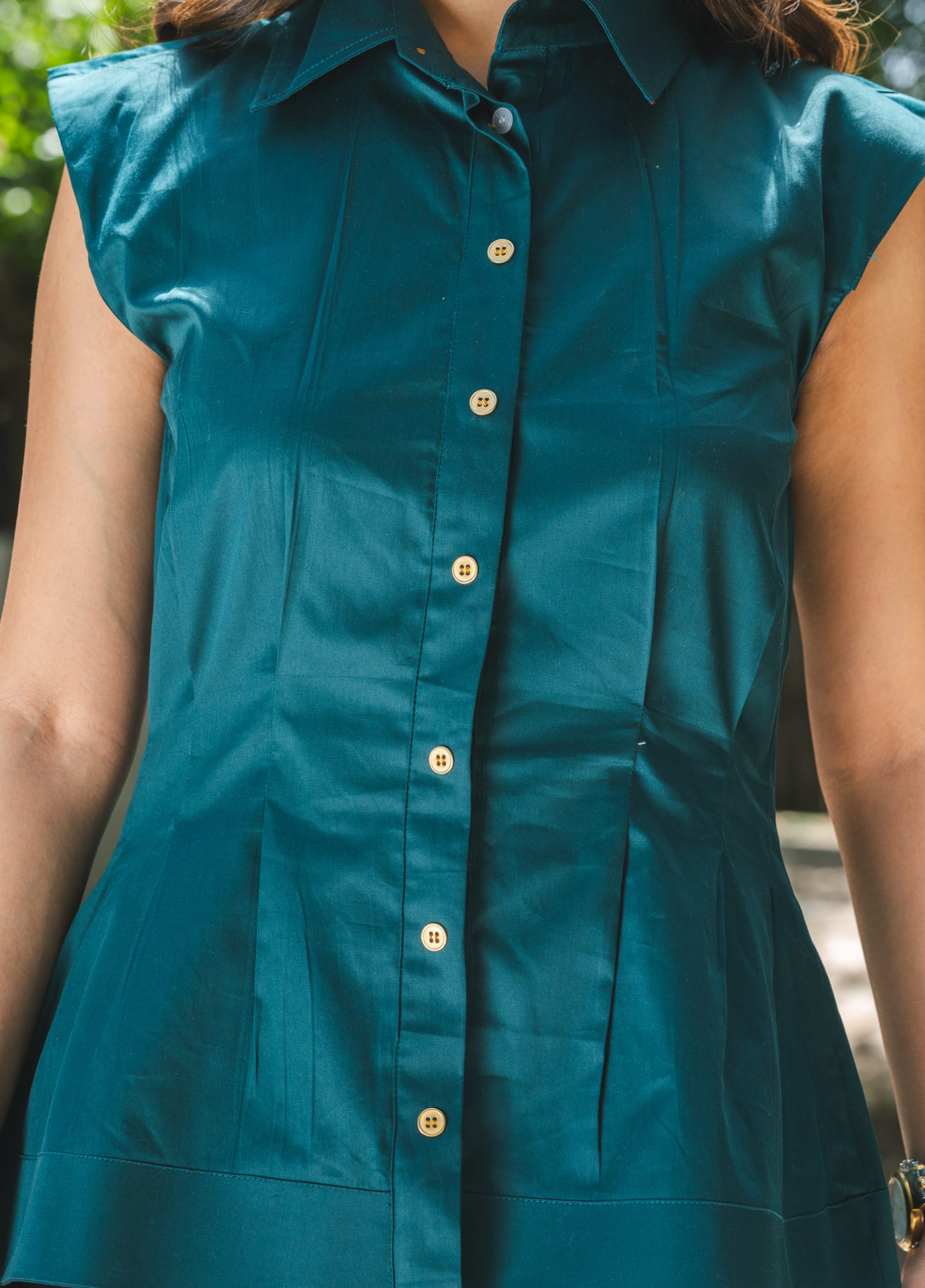 Cotton Satin Clinched Waist Top - Teal